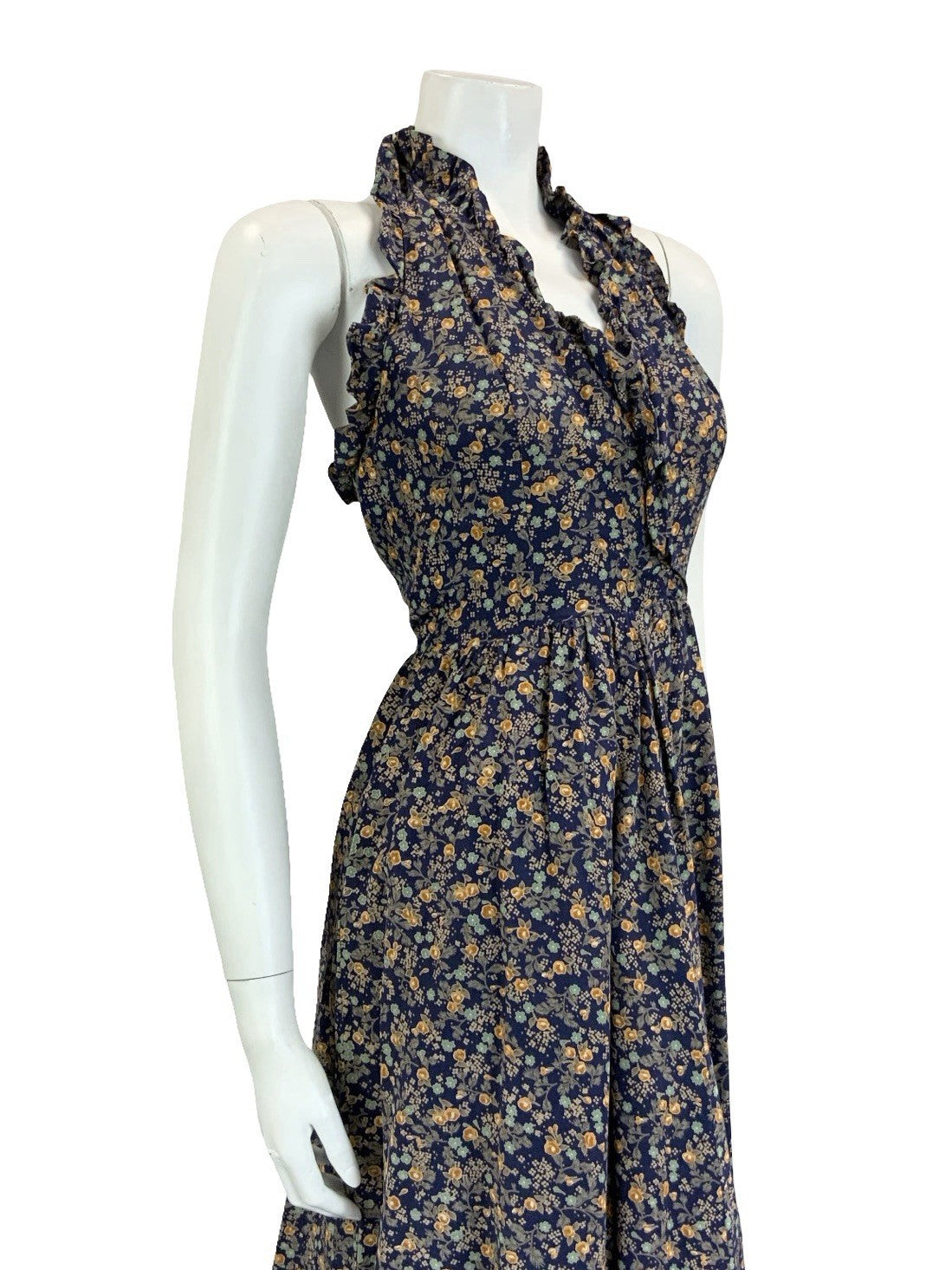 VTG 60S 70S NAVY BLUE GREEN ORANGE FLORAL RUFFLE HALTER NECK MIDI DRESS 4 6