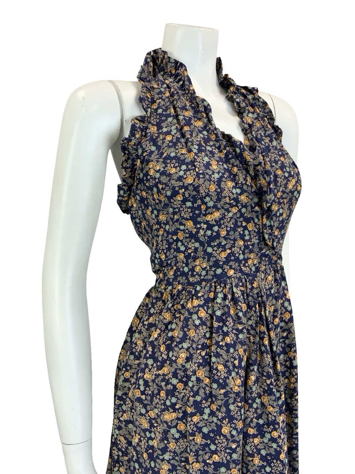 VTG 60S 70S NAVY BLUE GREEN ORANGE FLORAL RUFFLE HALTER NECK MIDI DRESS 4 6