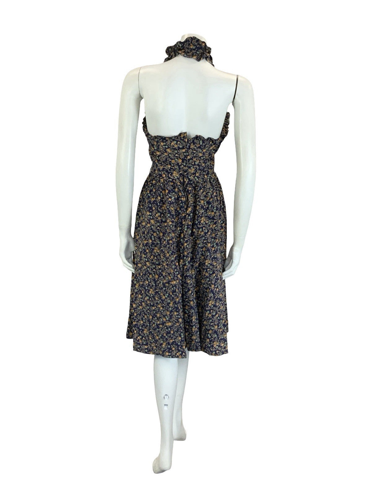 VTG 60S 70S NAVY BLUE GREEN ORANGE FLORAL RUFFLE HALTER NECK MIDI DRESS 4 6
