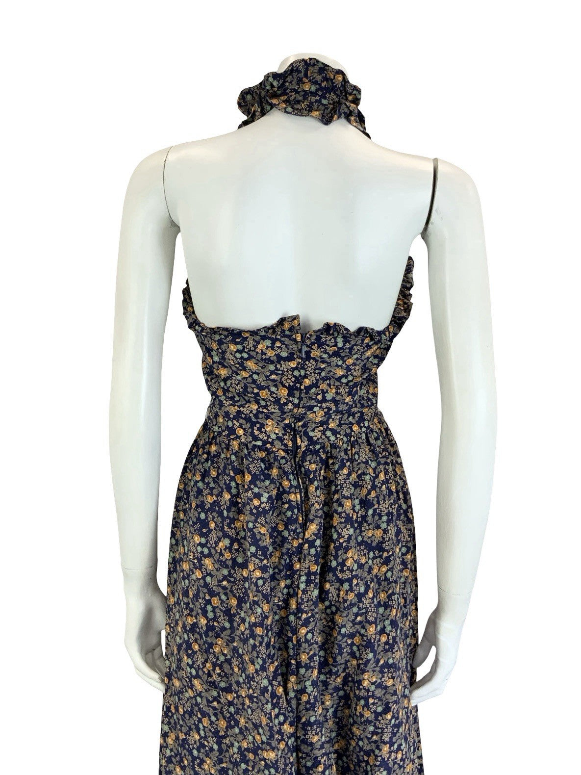 VTG 60S 70S NAVY BLUE GREEN ORANGE FLORAL RUFFLE HALTER NECK MIDI DRESS 4 6