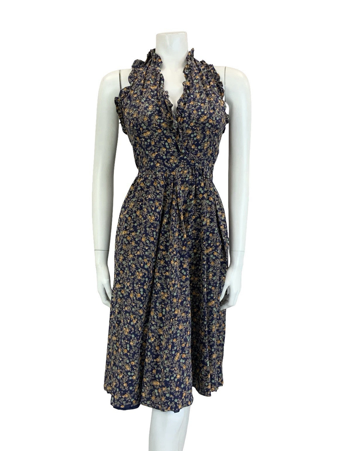 VTG 60S 70S NAVY BLUE GREEN ORANGE FLORAL RUFFLE HALTER NECK MIDI DRESS 4 6