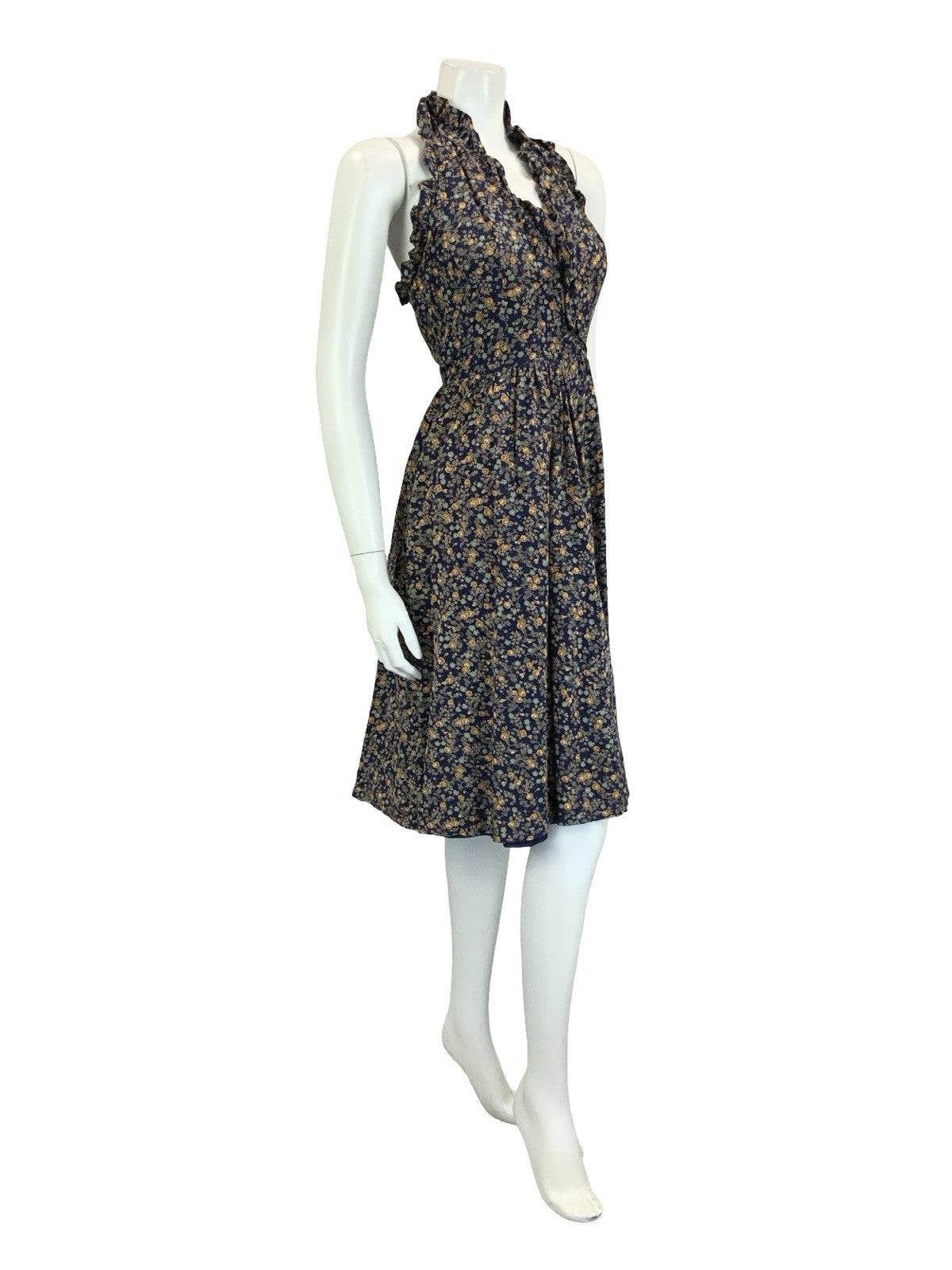 VTG 60S 70S NAVY BLUE GREEN ORANGE FLORAL RUFFLE HALTER NECK MIDI DRESS 4 6