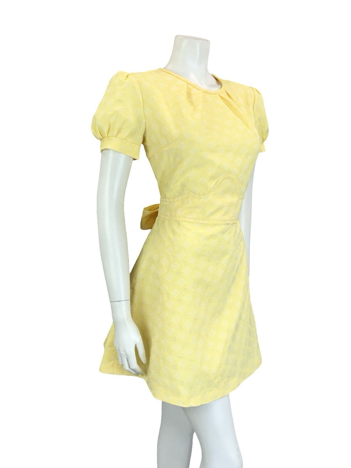 VTG 60S 70S YELLOW WHITE DIAMOND GEOMETRIC PUFF SLEEVE TIE MOD MINI DRESS 14