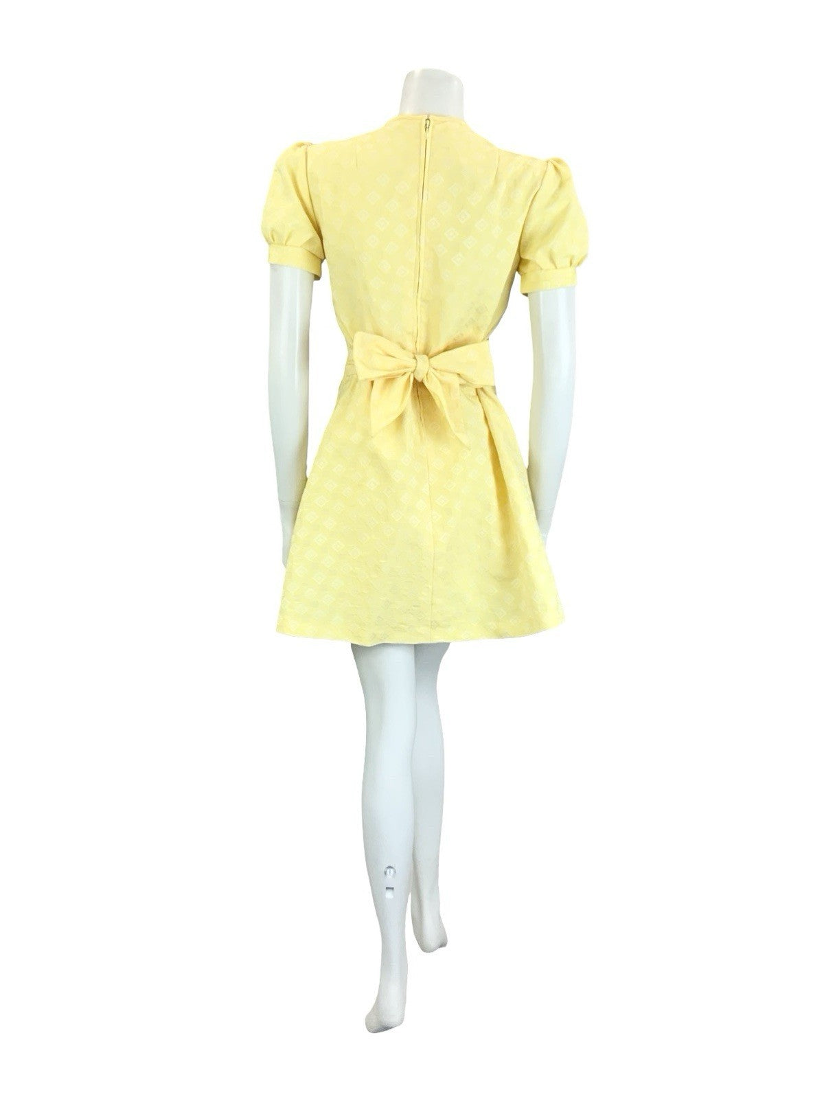 VTG 60S 70S YELLOW WHITE DIAMOND GEOMETRIC PUFF SLEEVE TIE MOD MINI DRESS 14