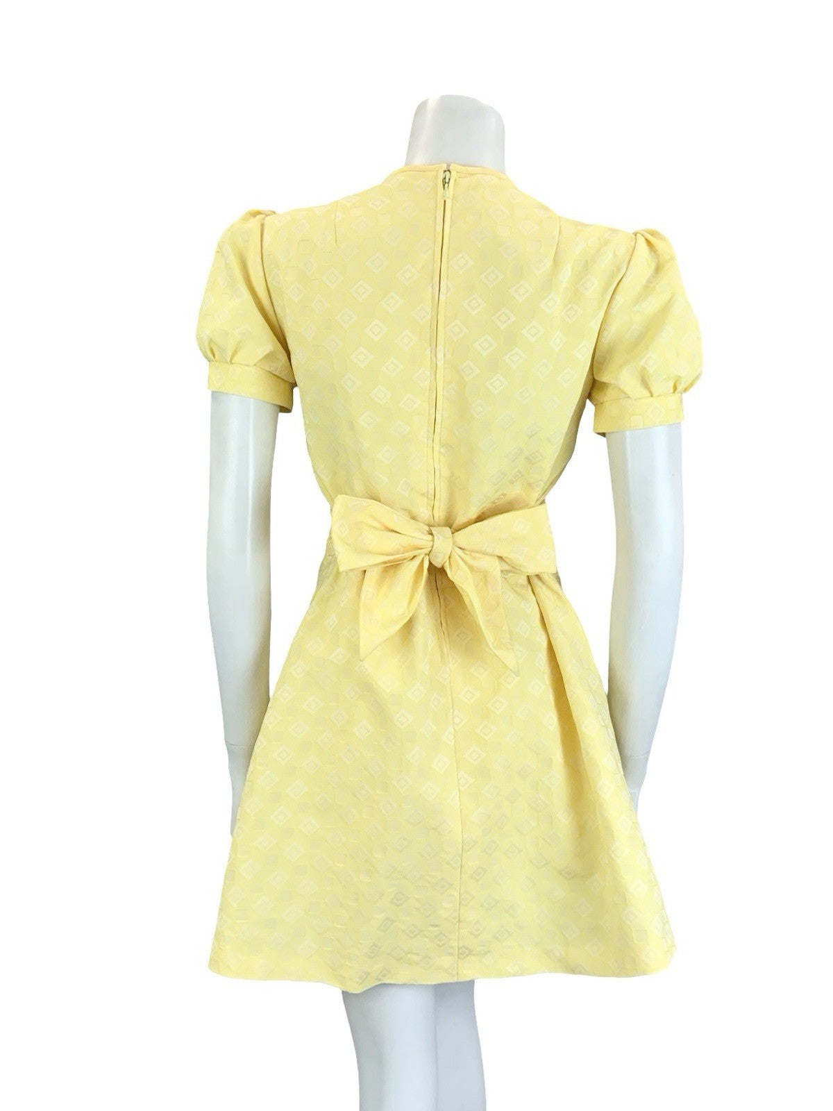 VTG 60S 70S YELLOW WHITE DIAMOND GEOMETRIC PUFF SLEEVE TIE MOD MINI DRESS 14