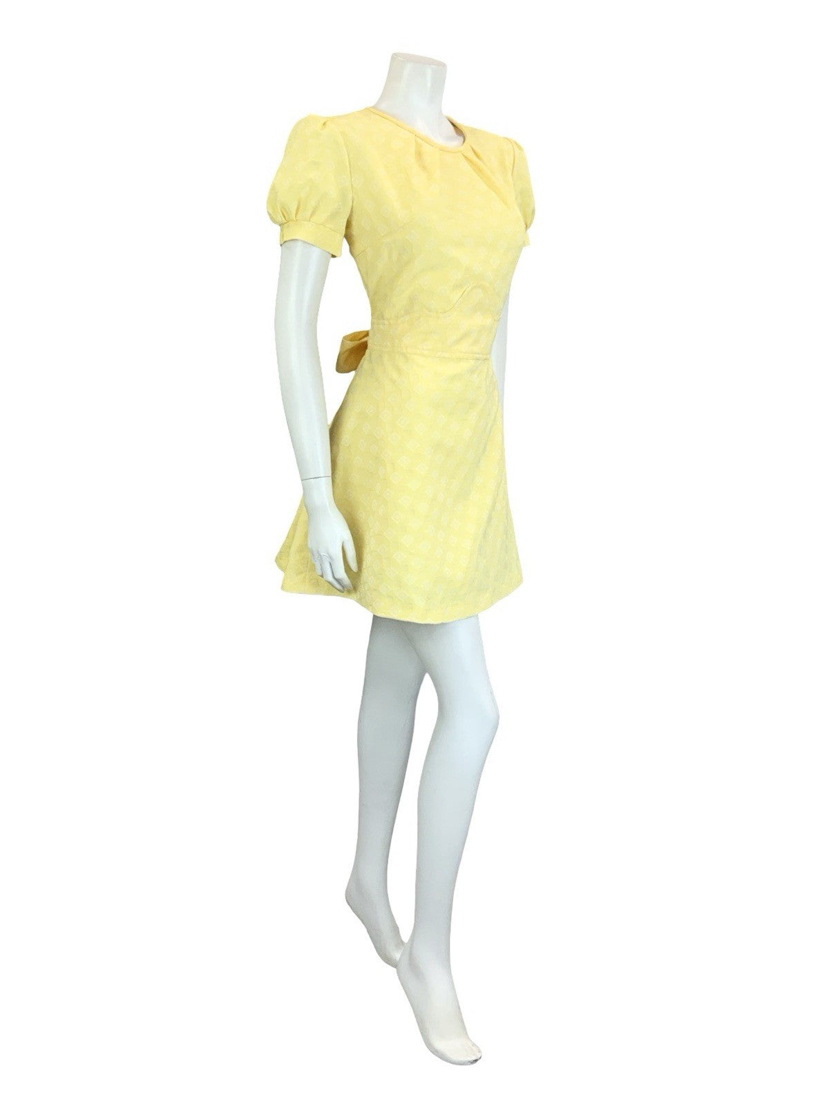 VTG 60S 70S YELLOW WHITE DIAMOND GEOMETRIC PUFF SLEEVE TIE MOD MINI DRESS 14