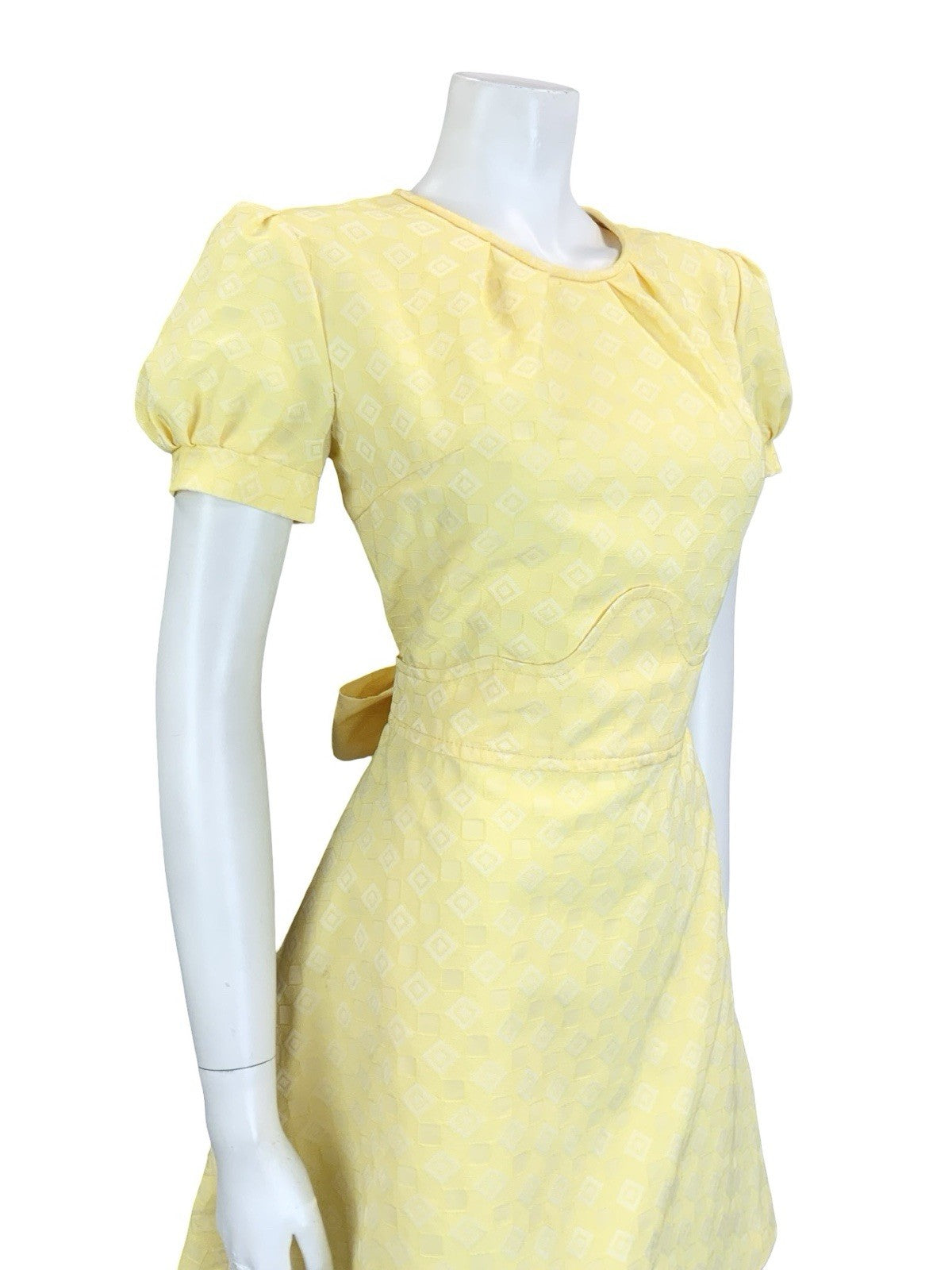 VTG 60S 70S YELLOW WHITE DIAMOND GEOMETRIC PUFF SLEEVE TIE MOD MINI DRESS 14