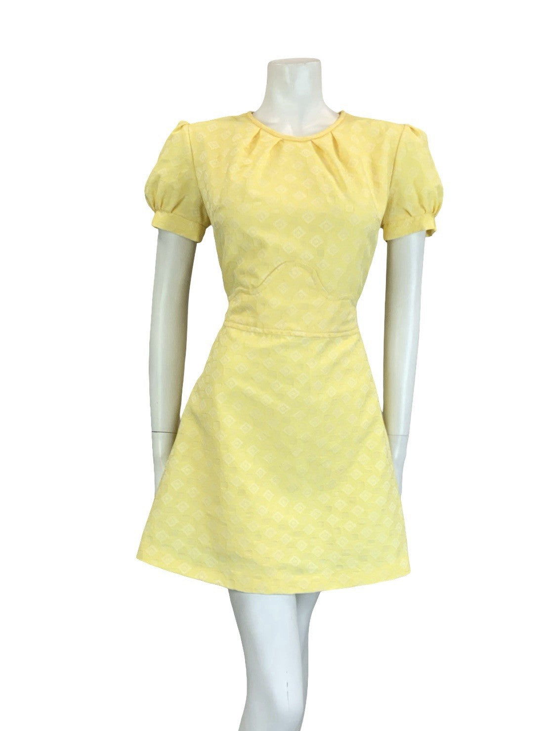 VTG 60S 70S YELLOW WHITE DIAMOND GEOMETRIC PUFF SLEEVE TIE MOD MINI DRESS 14