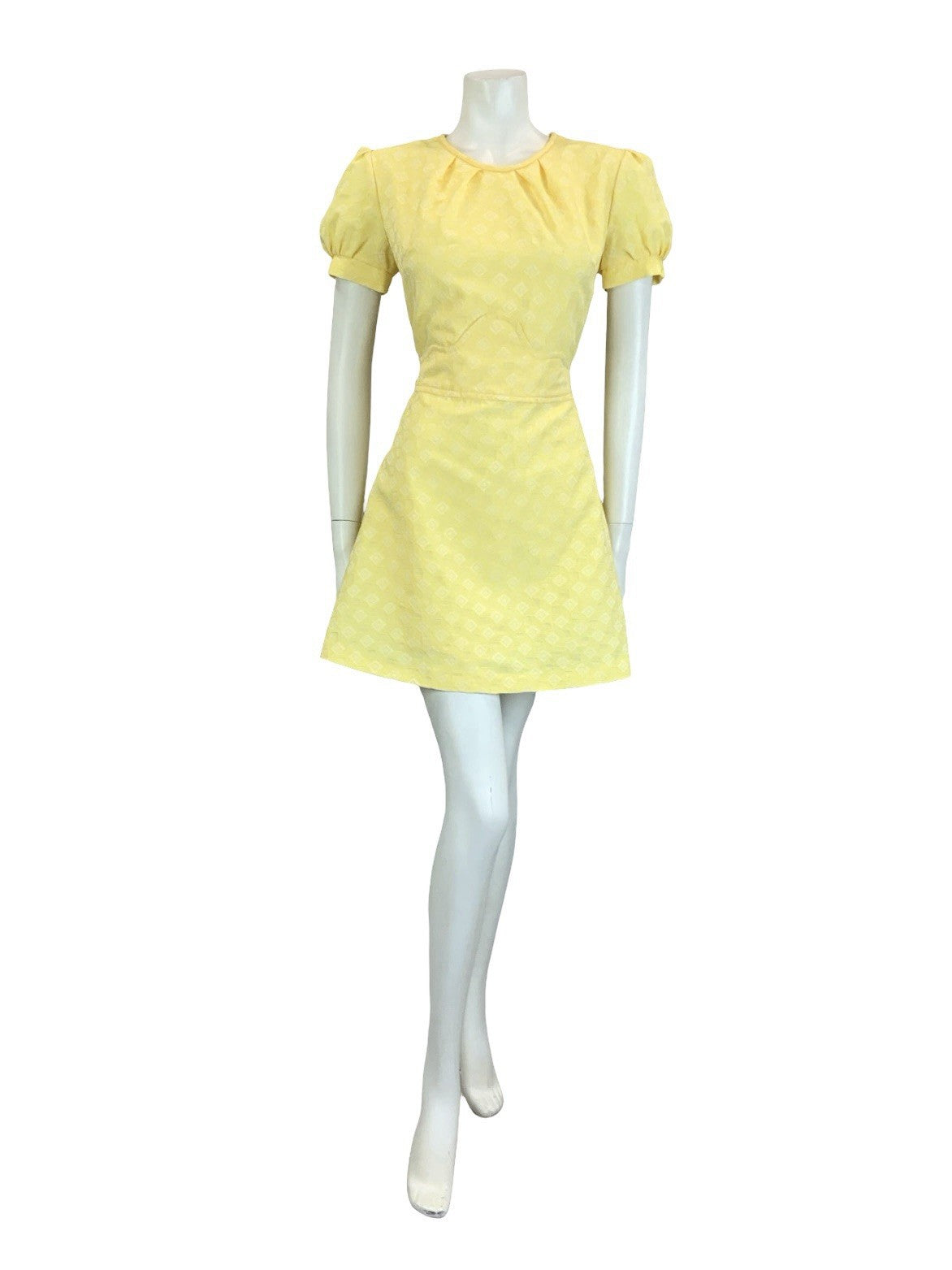 VTG 60S 70S YELLOW WHITE DIAMOND GEOMETRIC PUFF SLEEVE TIE MOD MINI DRESS 14