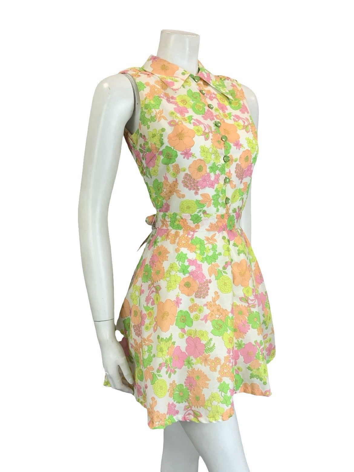 VTG 60S 70S WHITE PINK YELLOW ORANGE NEON FLORAL DAGGER BELTED SHIRT DRESS 6