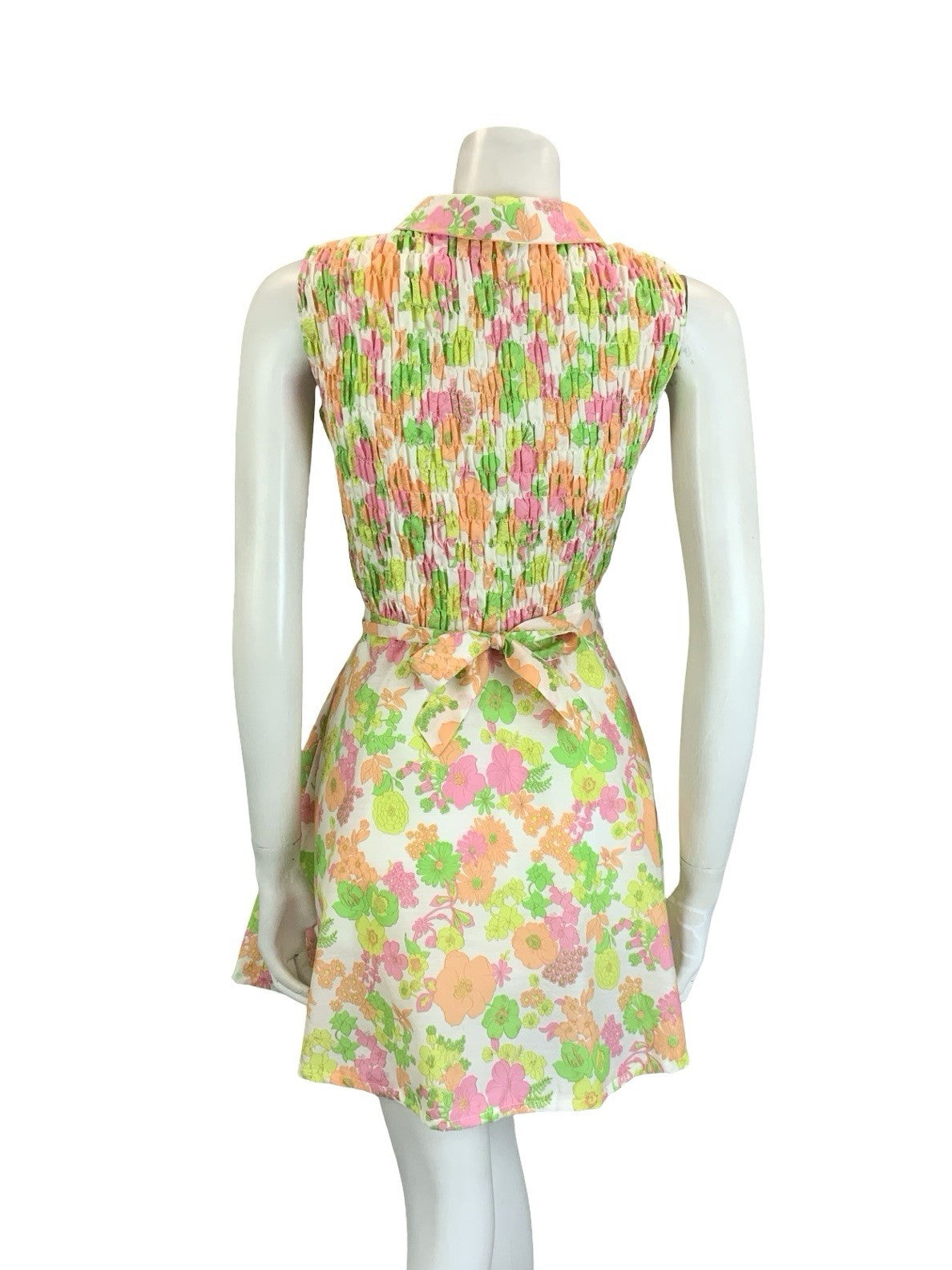 VTG 60S 70S WHITE PINK YELLOW ORANGE NEON FLORAL DAGGER BELTED SHIRT DRESS 6