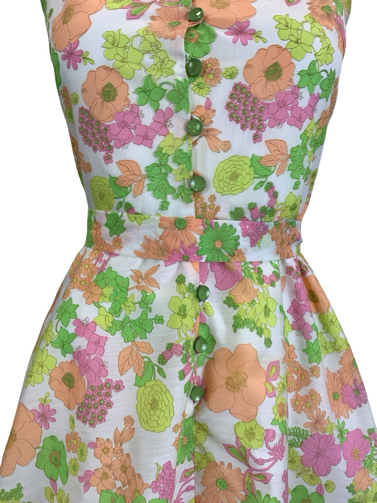VTG 60S 70S WHITE PINK YELLOW ORANGE NEON FLORAL DAGGER BELTED SHIRT DRESS 6