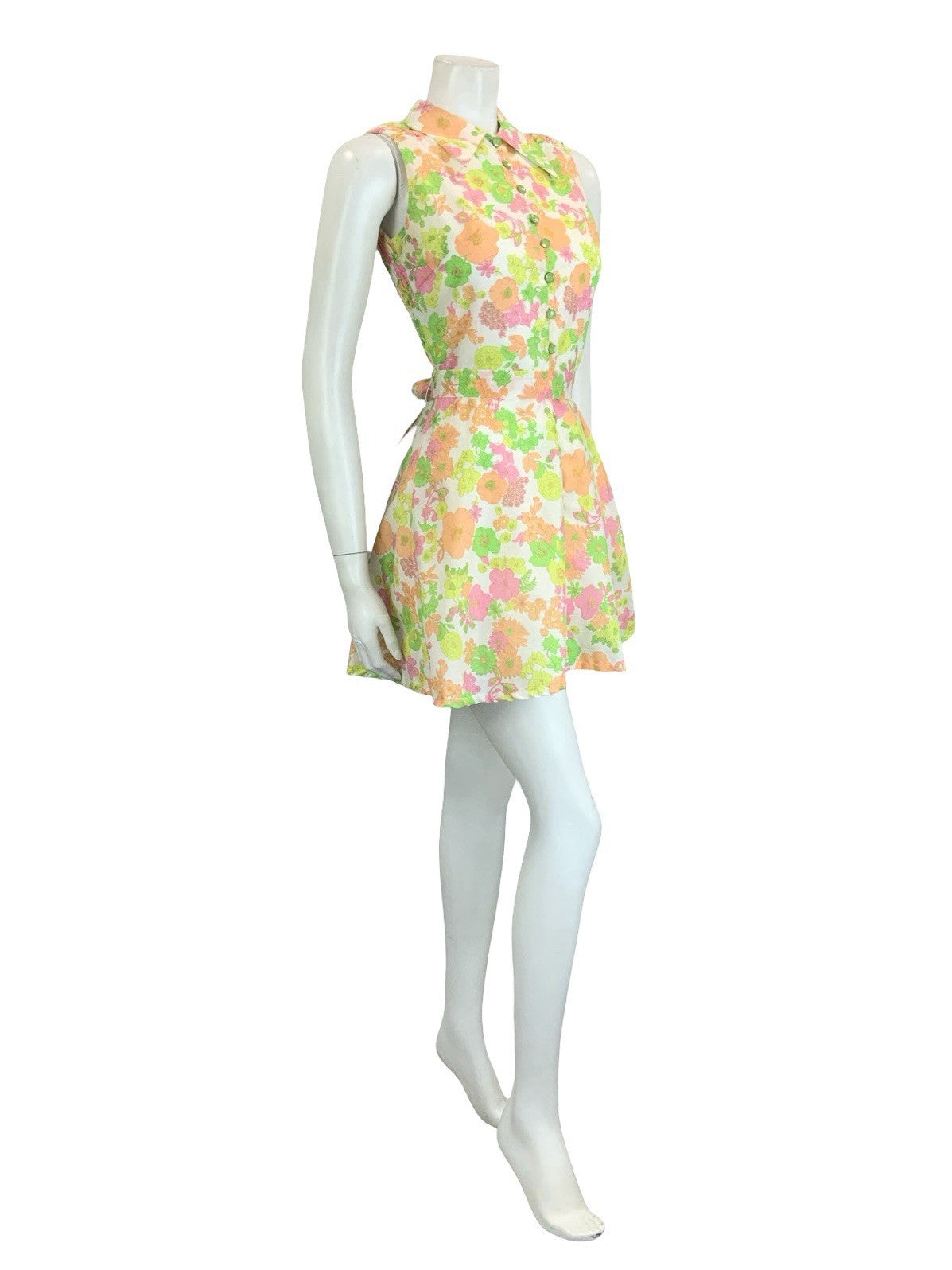 VTG 60S 70S WHITE PINK YELLOW ORANGE NEON FLORAL DAGGER BELTED SHIRT DRESS 6