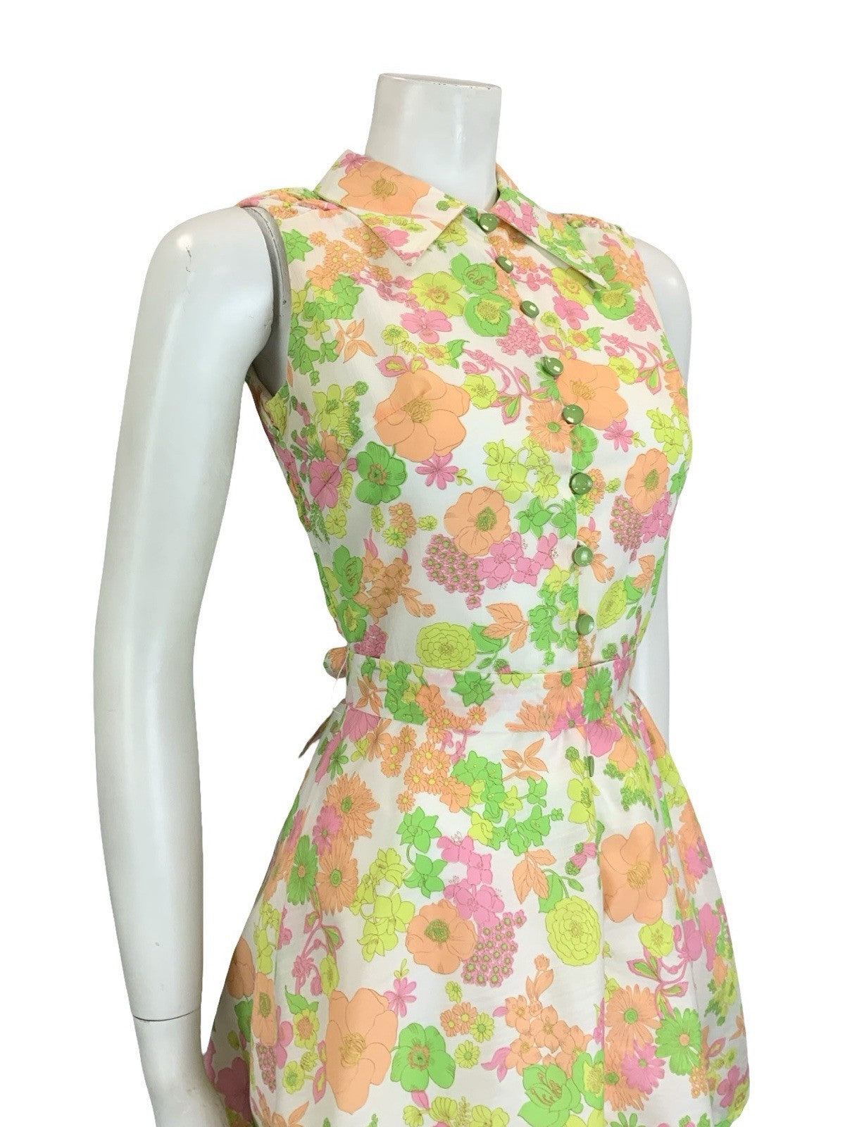 VTG 60S 70S WHITE PINK YELLOW ORANGE NEON FLORAL DAGGER BELTED SHIRT DRESS 6