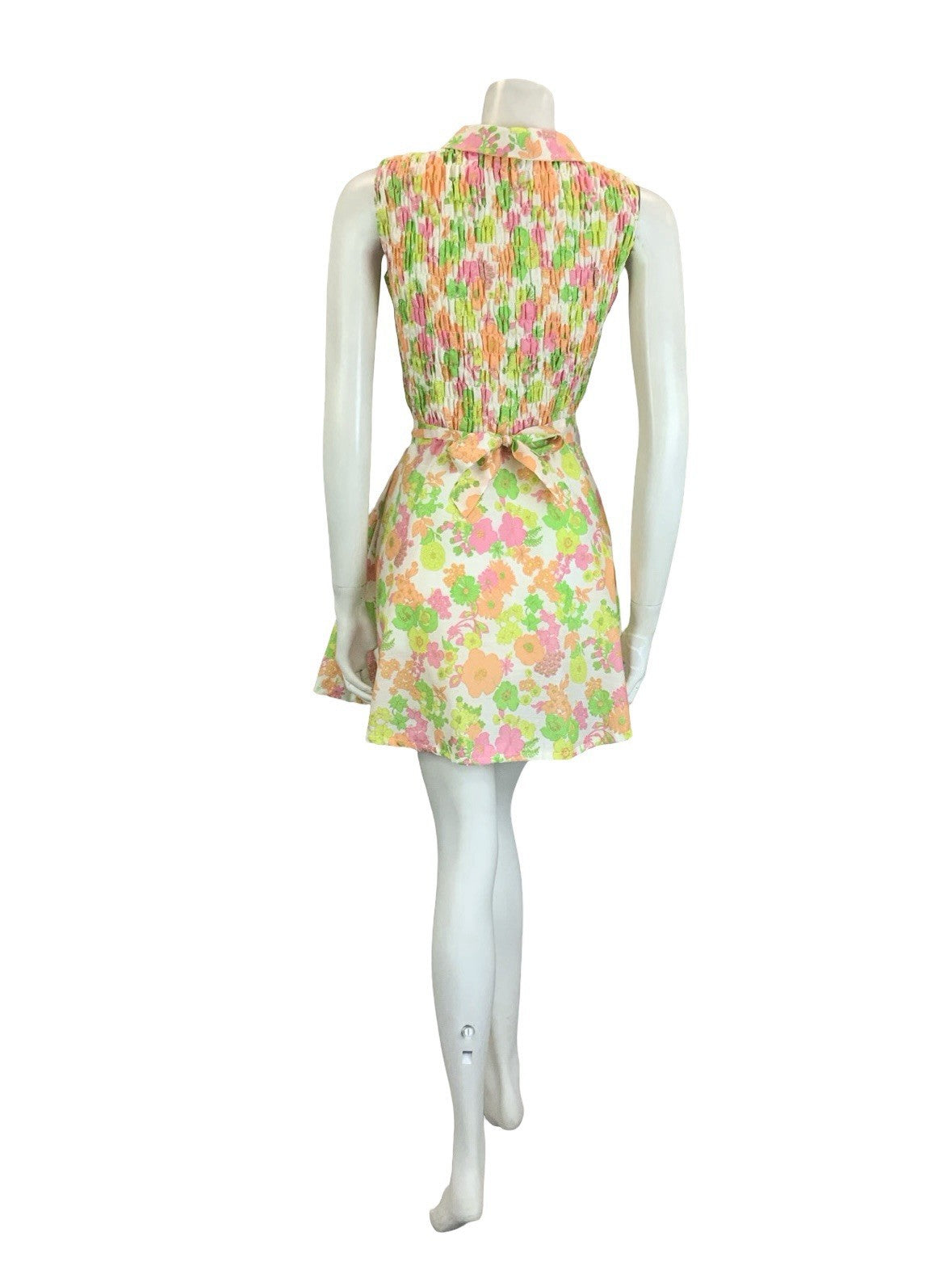 VTG 60S 70S WHITE PINK YELLOW ORANGE NEON FLORAL DAGGER BELTED SHIRT DRESS 6
