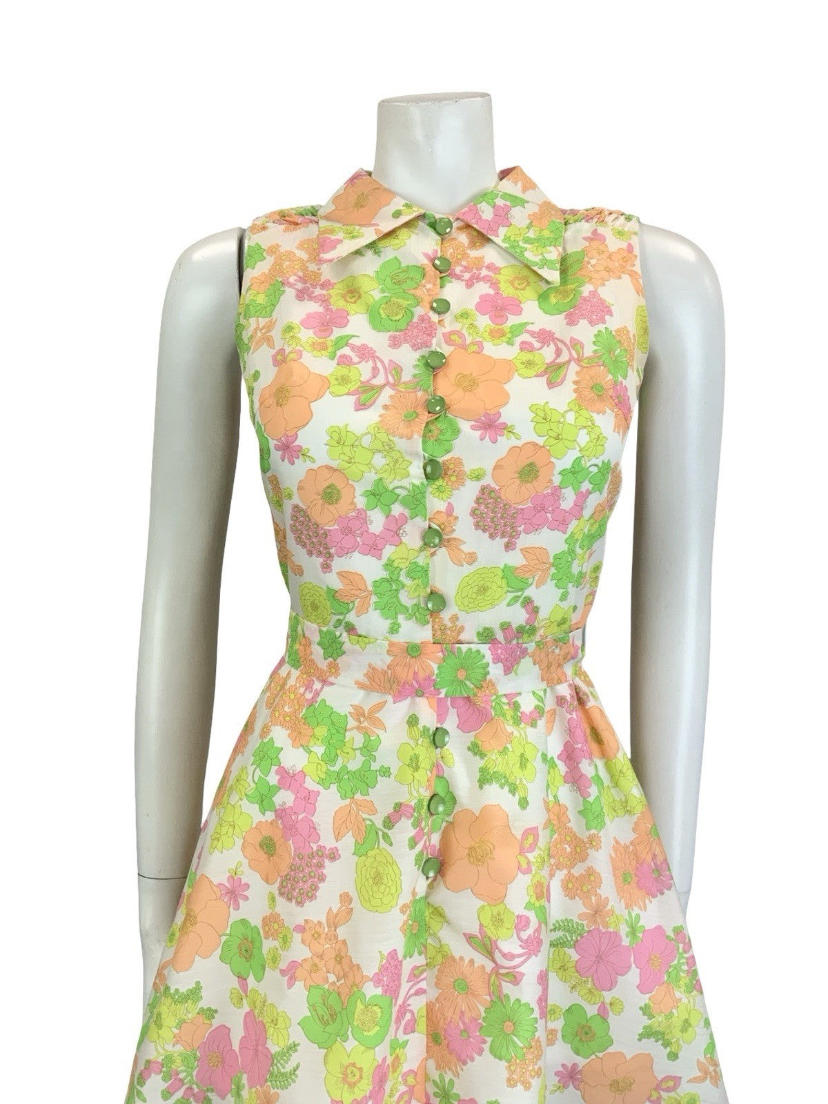 VTG 60S 70S WHITE PINK YELLOW ORANGE NEON FLORAL DAGGER BELTED SHIRT DRESS 6