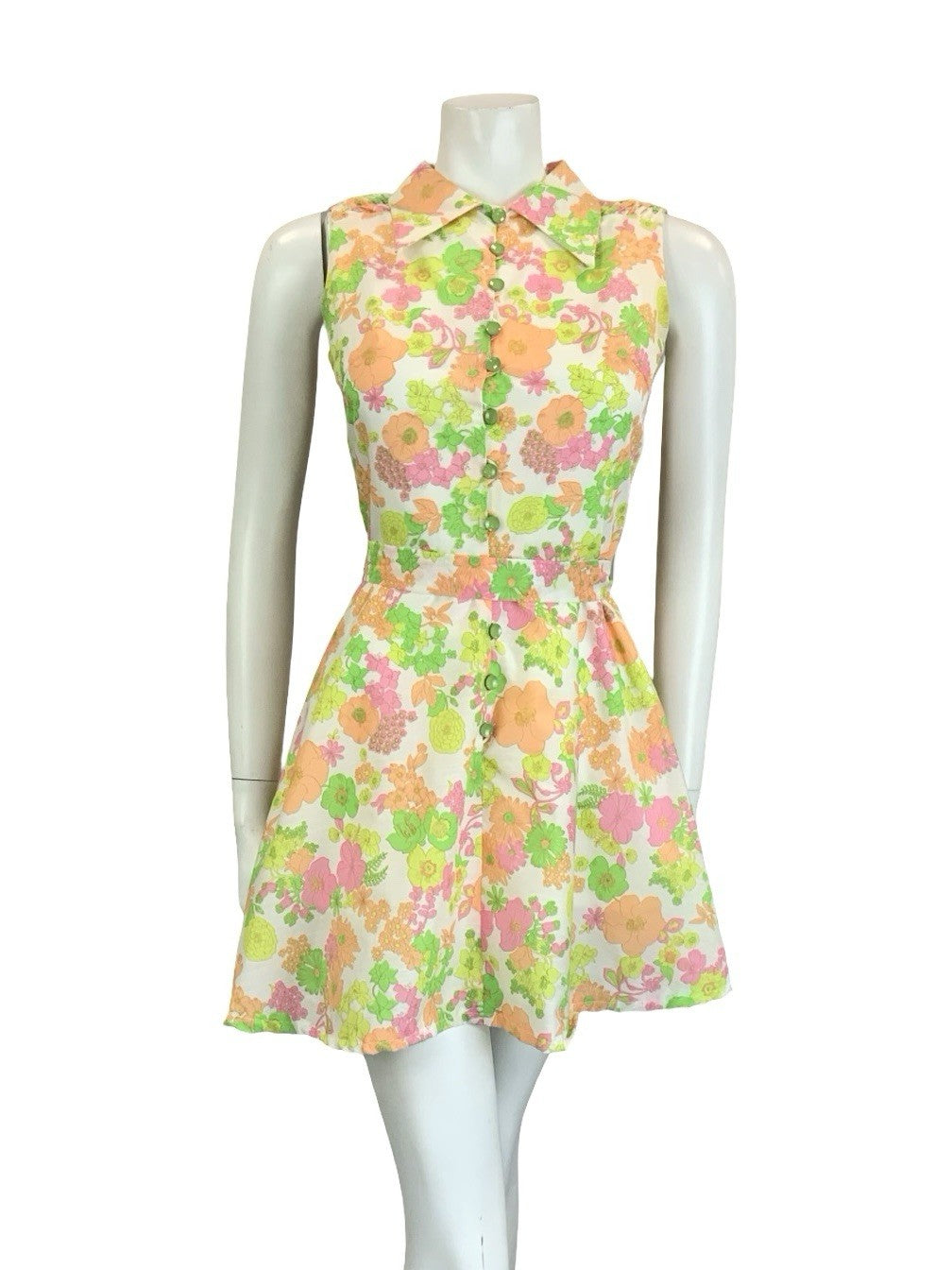 VTG 60S 70S WHITE PINK YELLOW ORANGE NEON FLORAL DAGGER BELTED SHIRT DRESS 6