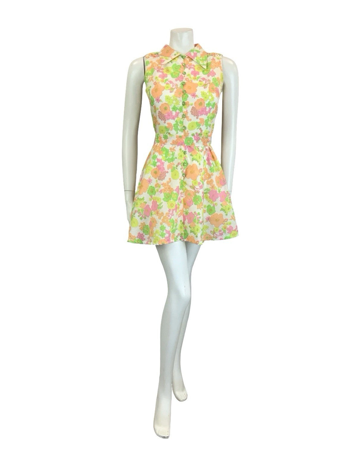 VTG 60S 70S WHITE PINK YELLOW ORANGE NEON FLORAL DAGGER BELTED SHIRT DRESS 6