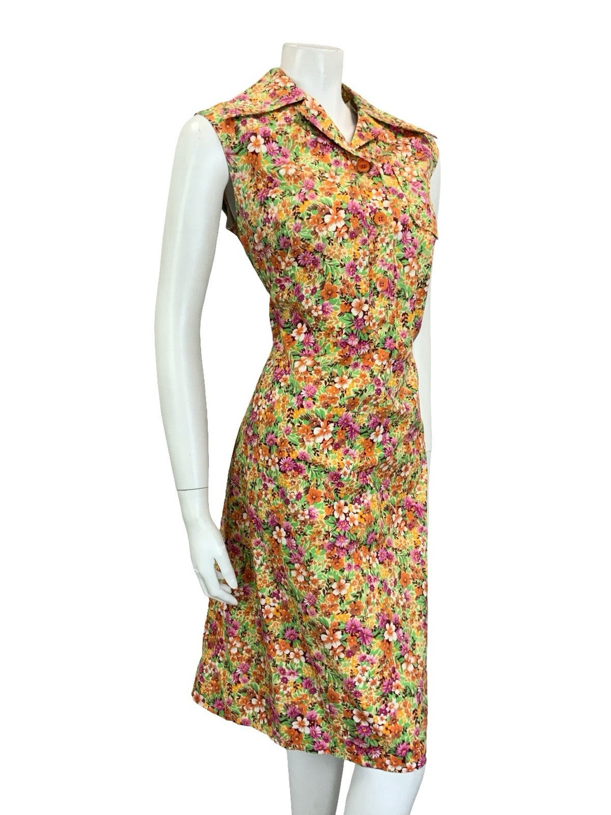 VTG 60S 70S ORANGE PINK GREEN OPEN DAGGER COLLAR FLORAL LEAFY SHIRT DRESS 12 14