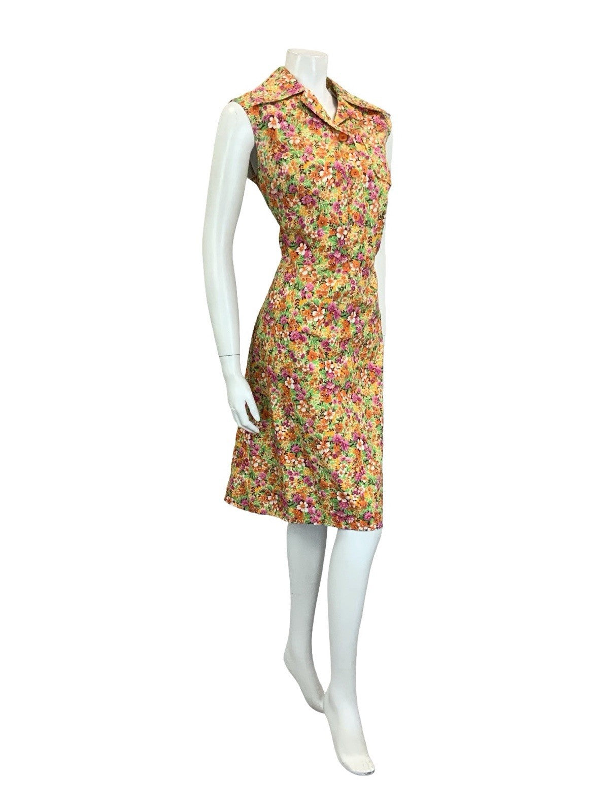 VTG 60S 70S ORANGE PINK GREEN OPEN DAGGER COLLAR FLORAL LEAFY SHIRT DRESS 12 14