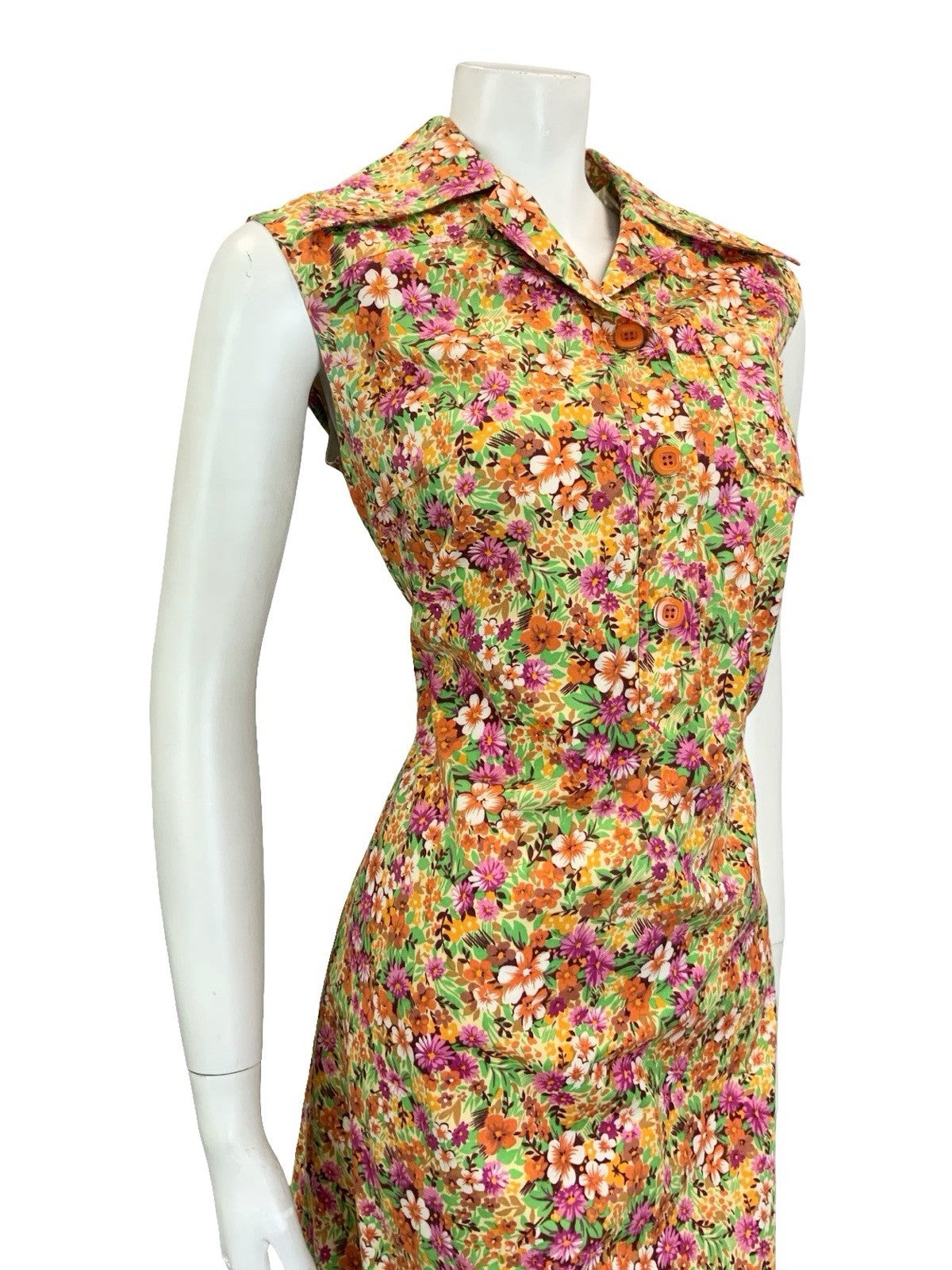 VTG 60S 70S ORANGE PINK GREEN OPEN DAGGER COLLAR FLORAL LEAFY SHIRT DRESS 12 14