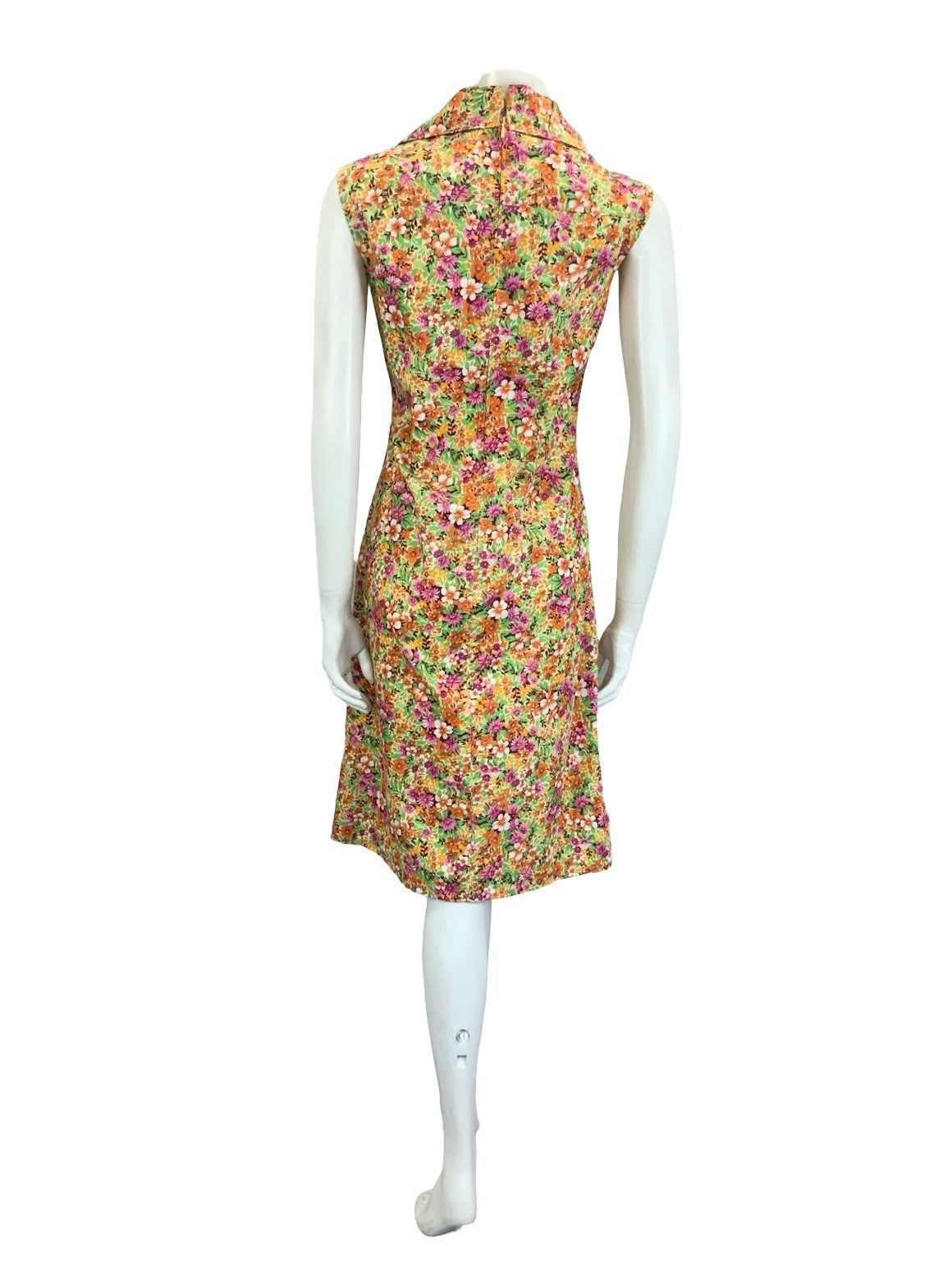 VTG 60S 70S ORANGE PINK GREEN OPEN DAGGER COLLAR FLORAL LEAFY SHIRT DRESS 12 14