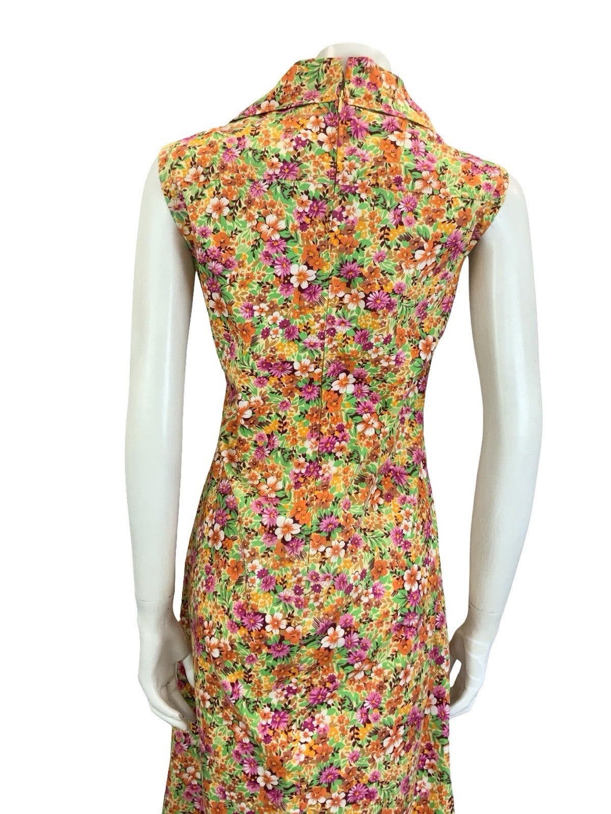 VTG 60S 70S ORANGE PINK GREEN OPEN DAGGER COLLAR FLORAL LEAFY SHIRT DRESS 12 14