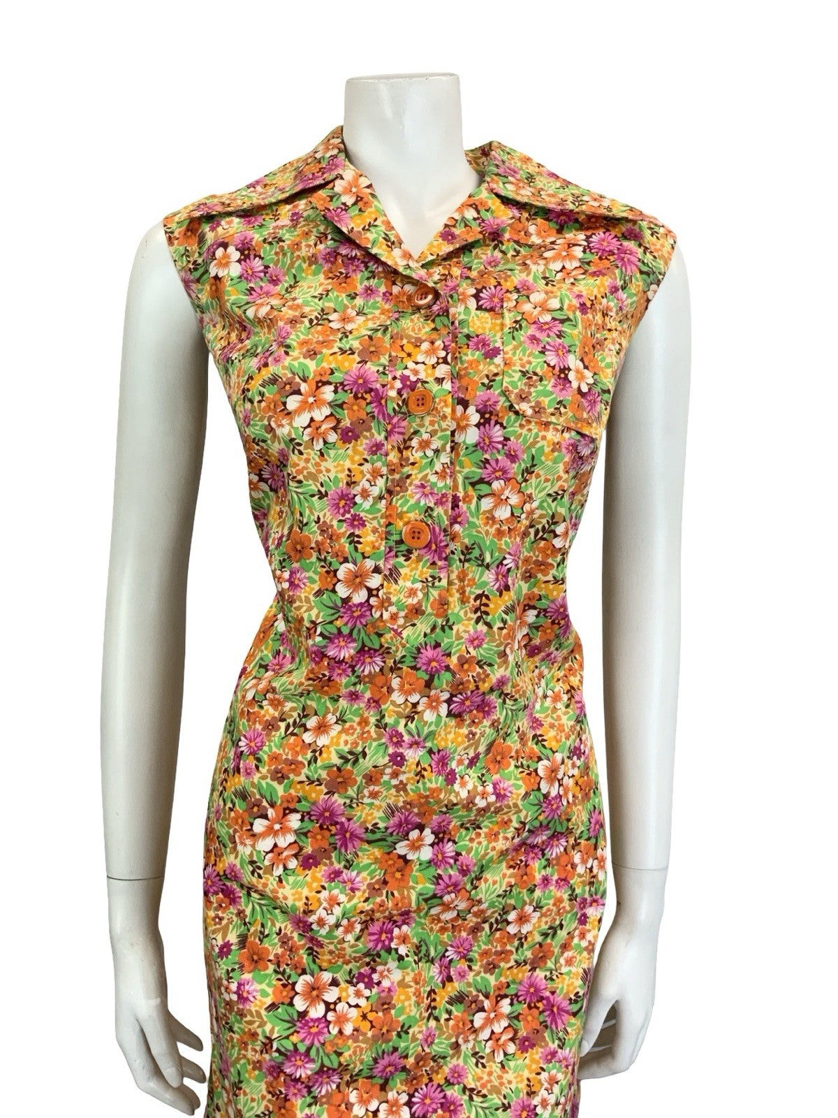 VTG 60S 70S ORANGE PINK GREEN OPEN DAGGER COLLAR FLORAL LEAFY SHIRT DRESS 12 14