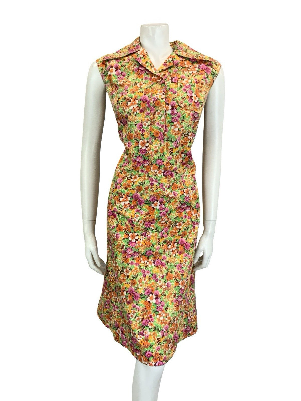 VTG 60S 70S ORANGE PINK GREEN OPEN DAGGER COLLAR FLORAL LEAFY SHIRT DRESS 12 14