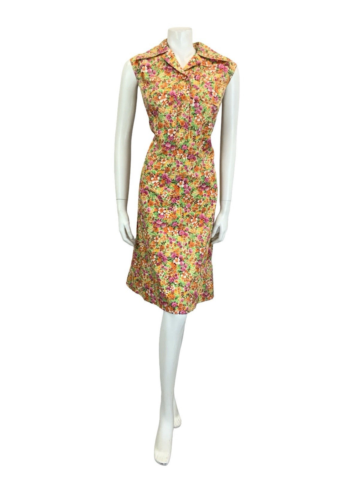 VTG 60S 70S ORANGE PINK GREEN OPEN DAGGER COLLAR FLORAL LEAFY SHIRT DRESS 12 14