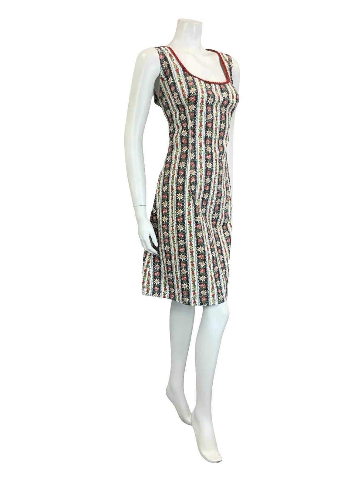 VTG 60S 70S WHITE BLACK RED FOLK STRIPED FLORAL EDELWEISS HEART DRESS 16 18 L