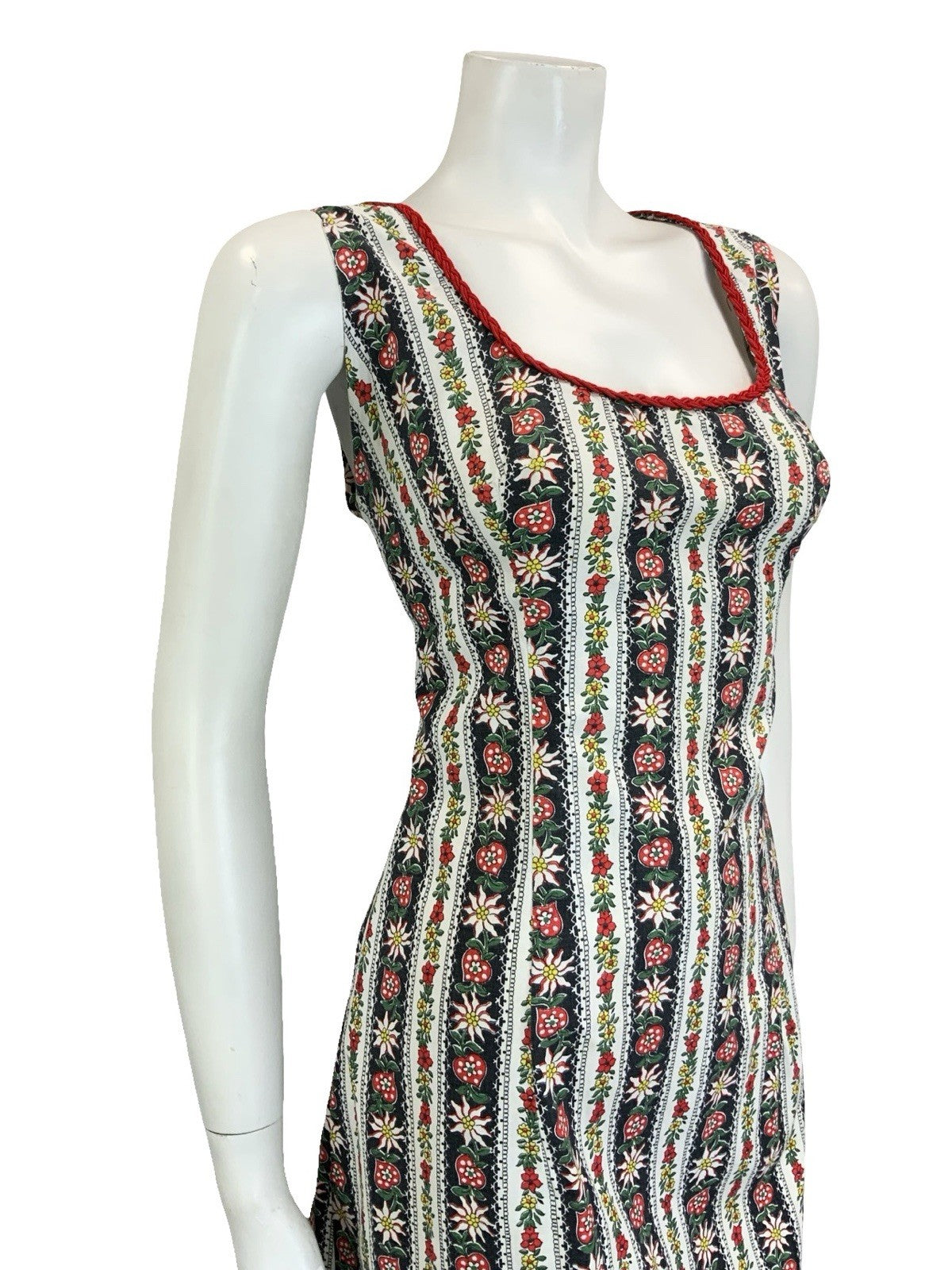 VTG 60S 70S WHITE BLACK RED FOLK STRIPED FLORAL EDELWEISS HEART DRESS 16 18 L