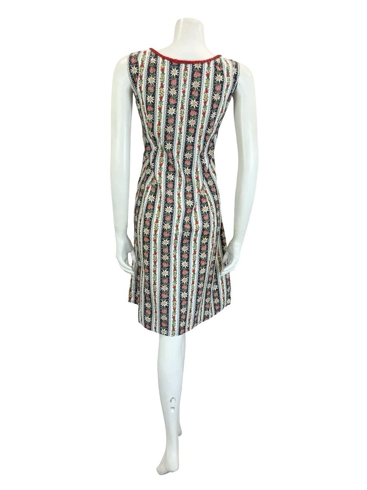 VTG 60S 70S WHITE BLACK RED FOLK STRIPED FLORAL EDELWEISS HEART DRESS 16 18 L