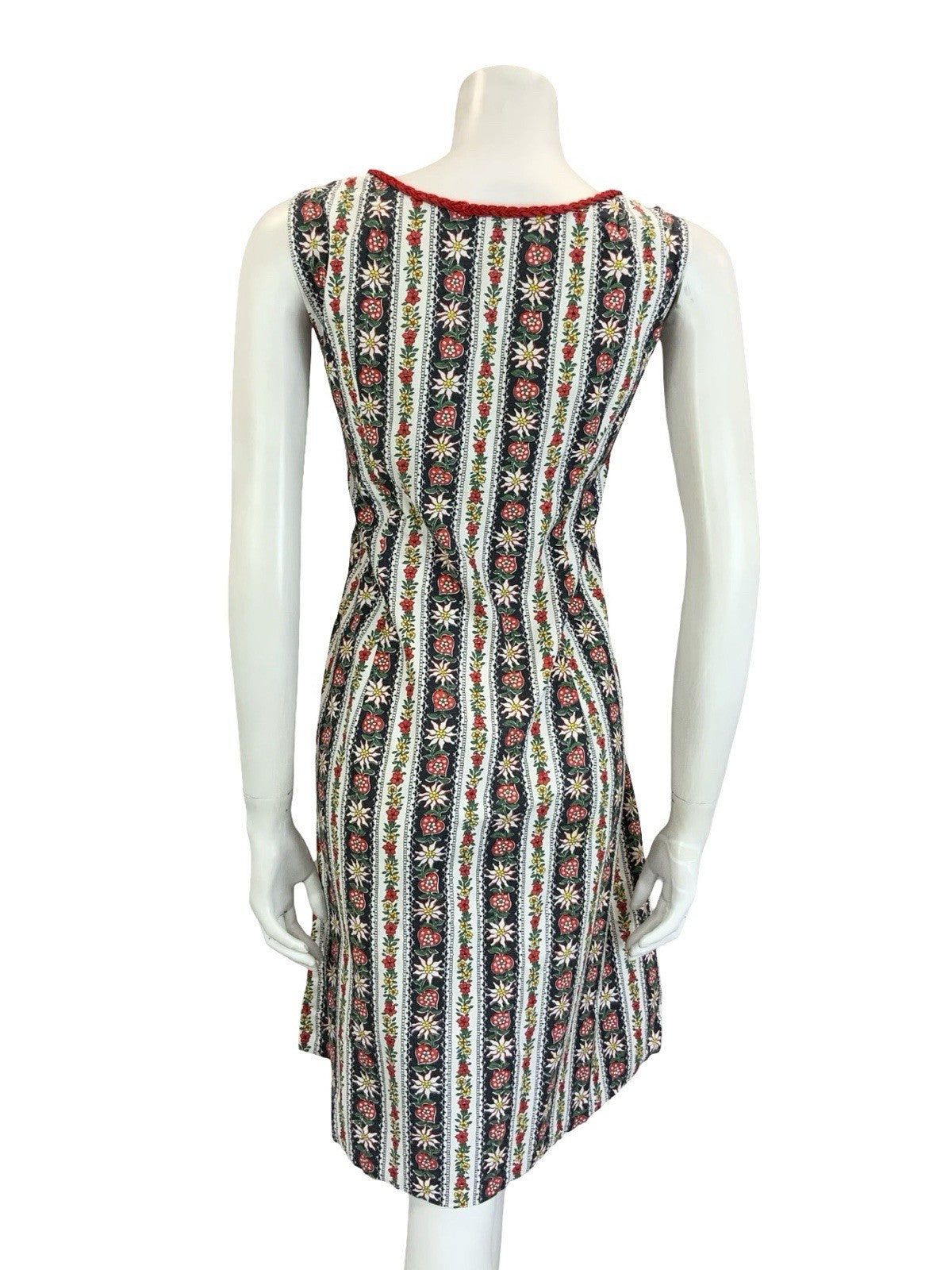VTG 60S 70S WHITE BLACK RED FOLK STRIPED FLORAL EDELWEISS HEART DRESS 16 18 L