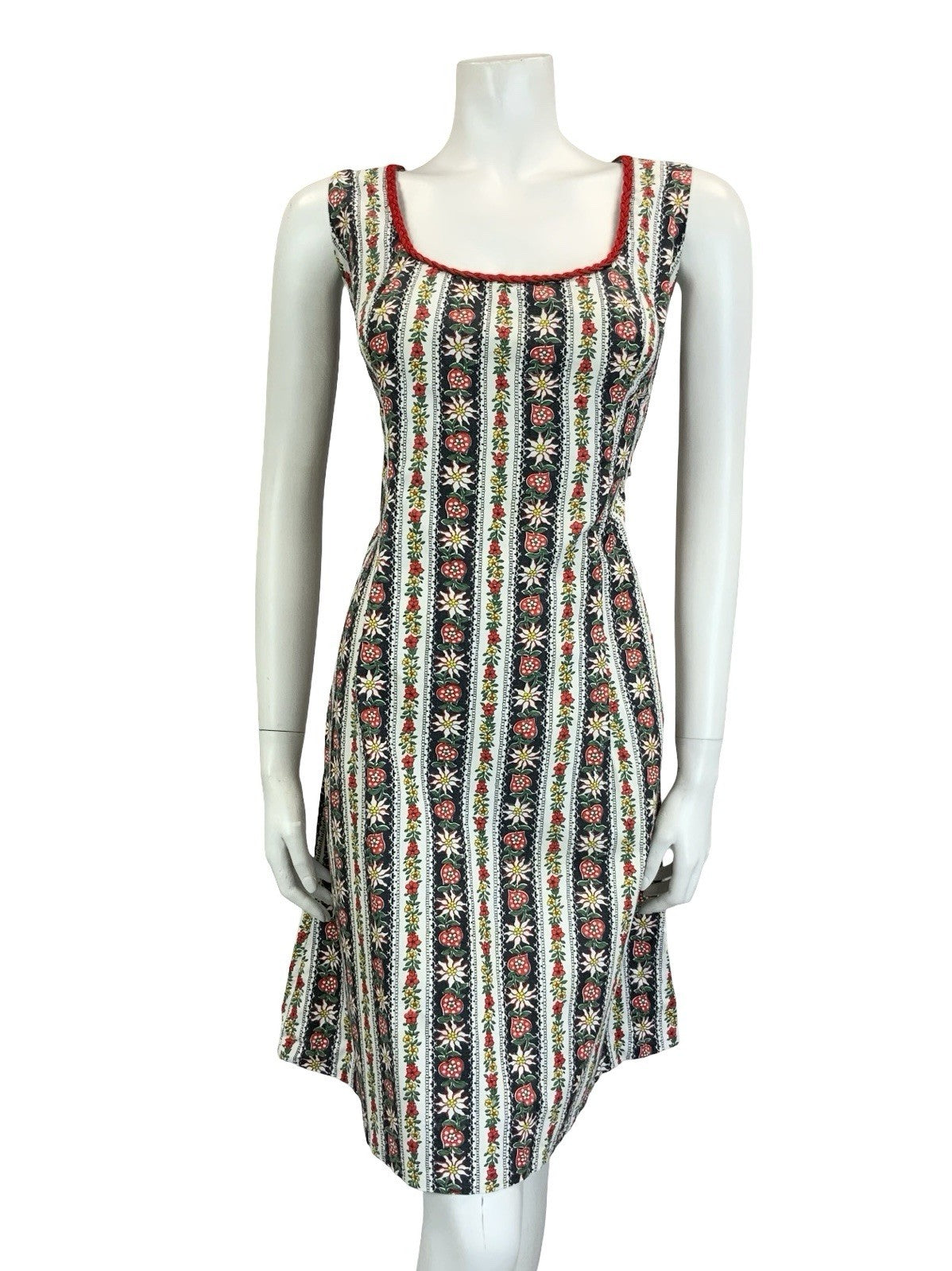VTG 60S 70S WHITE BLACK RED FOLK STRIPED FLORAL EDELWEISS HEART DRESS 16 18 L