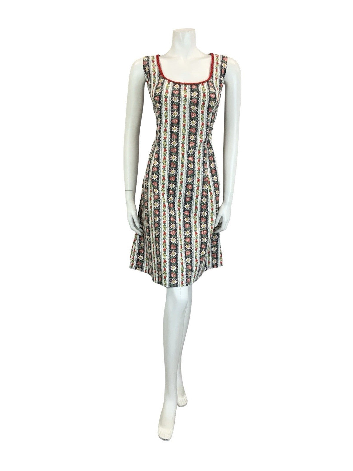 VTG 60S 70S WHITE BLACK RED FOLK STRIPED FLORAL EDELWEISS HEART DRESS 16 18 L
