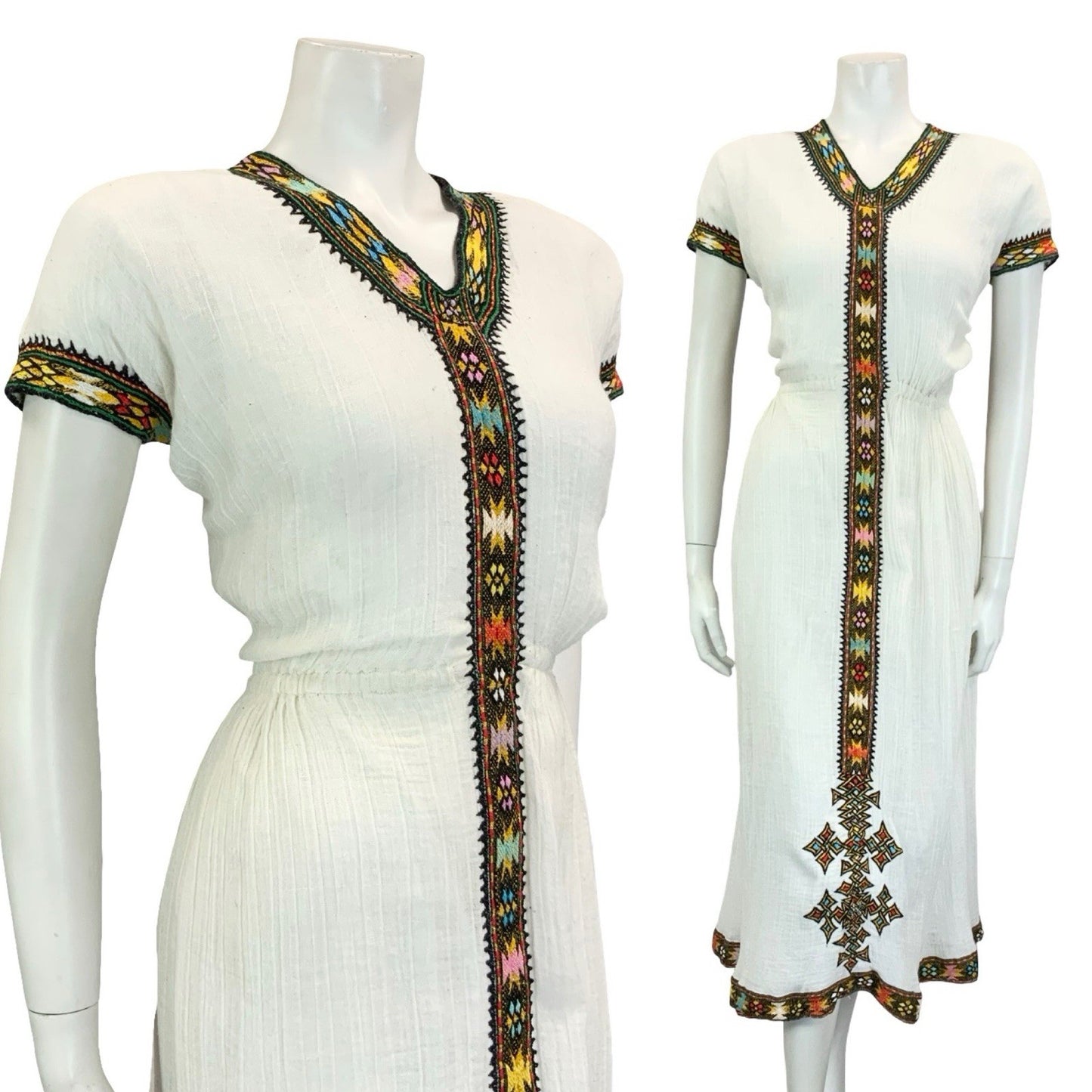 VTG 60S 70S WHITE BLACK GOLD MEDIEVAL FOLK TRADITIONAL EMBROIDERED DRESS 12 14 M