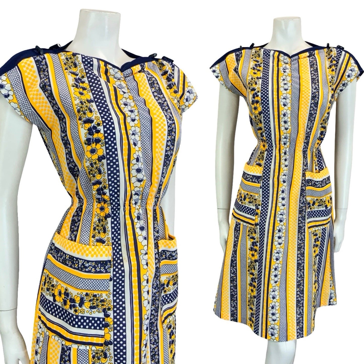 VTG 60S 70S YELLOW BLUE WHITE GEOMETRIC STRIPE FLORAL TOGGLE POCKET DRESS 10