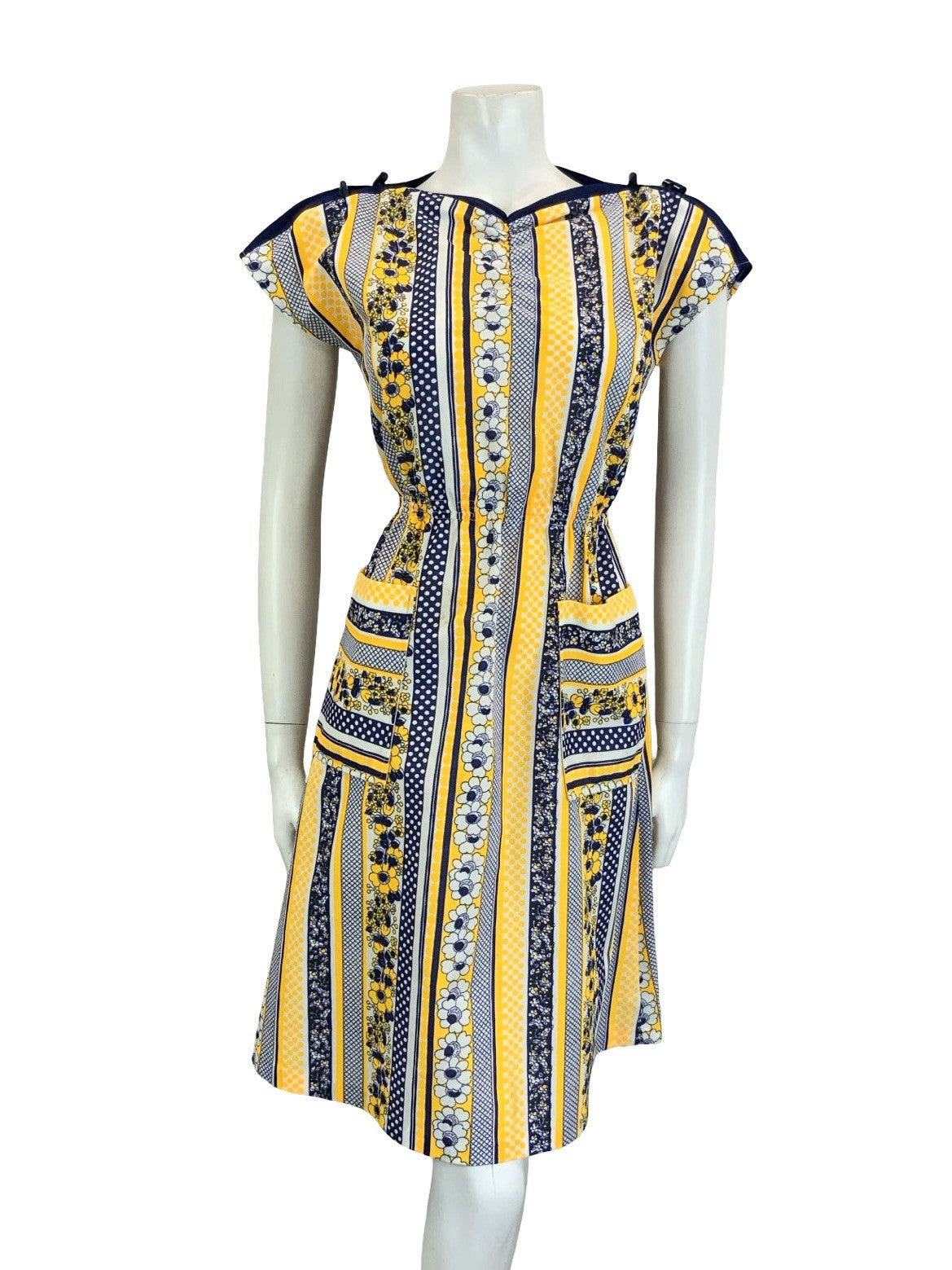 VTG 60S 70S YELLOW BLUE WHITE GEOMETRIC STRIPE FLORAL TOGGLE POCKET DRESS 10