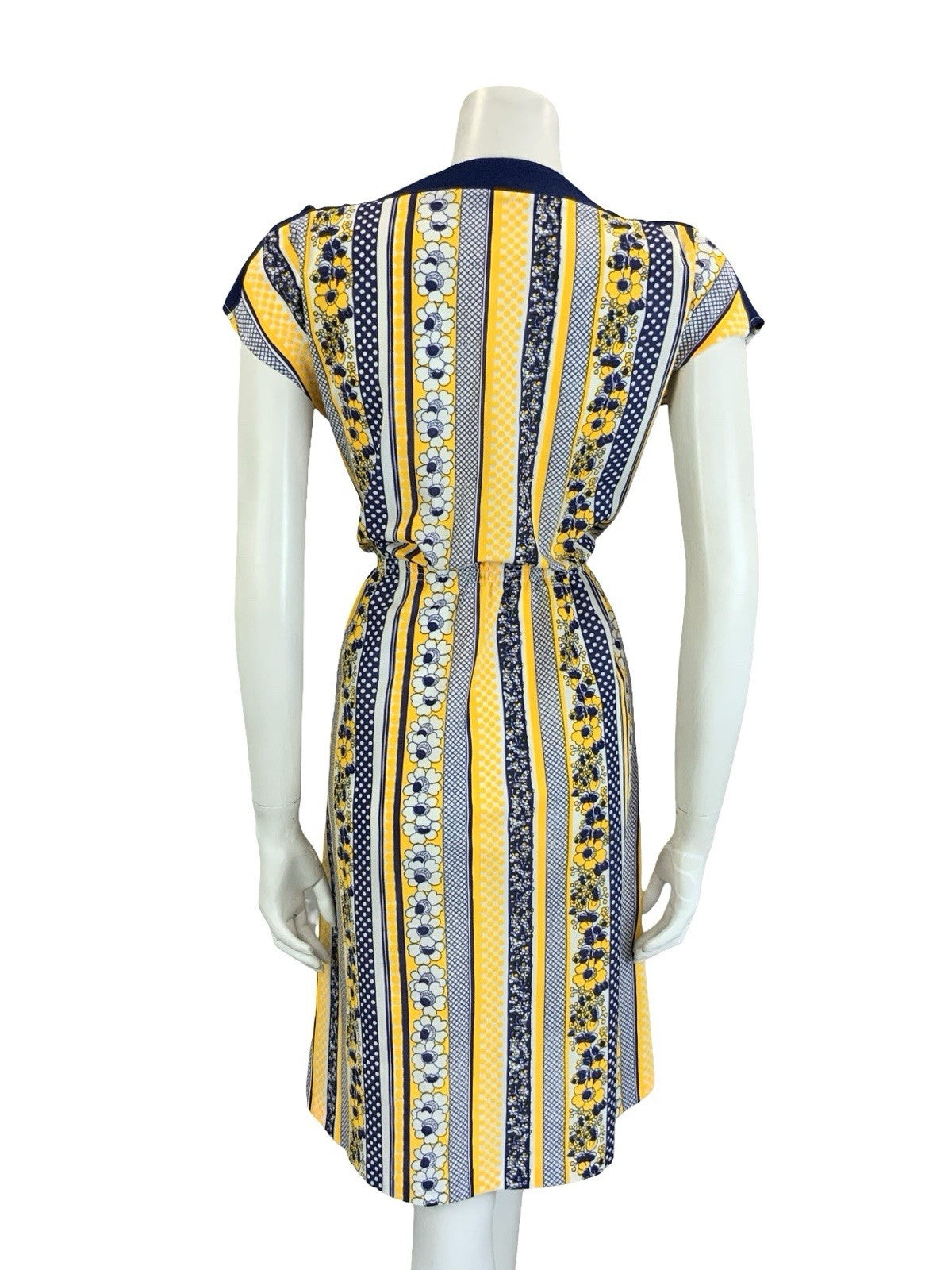 VTG 60S 70S YELLOW BLUE WHITE GEOMETRIC STRIPE FLORAL TOGGLE POCKET DRESS 10