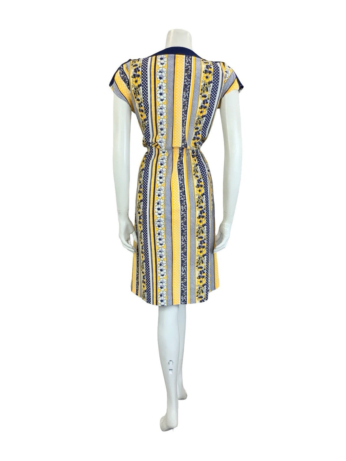 VTG 60S 70S YELLOW BLUE WHITE GEOMETRIC STRIPE FLORAL TOGGLE POCKET DRESS 10