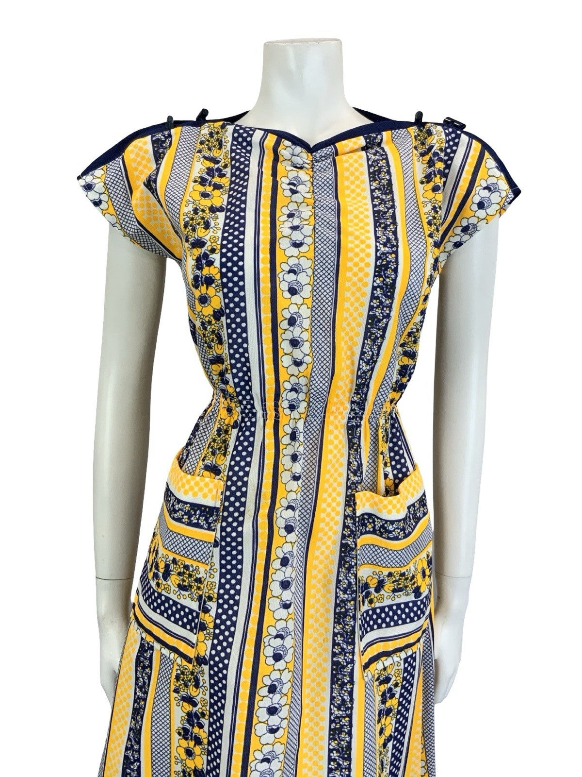 VTG 60S 70S YELLOW BLUE WHITE GEOMETRIC STRIPE FLORAL TOGGLE POCKET DRESS 10