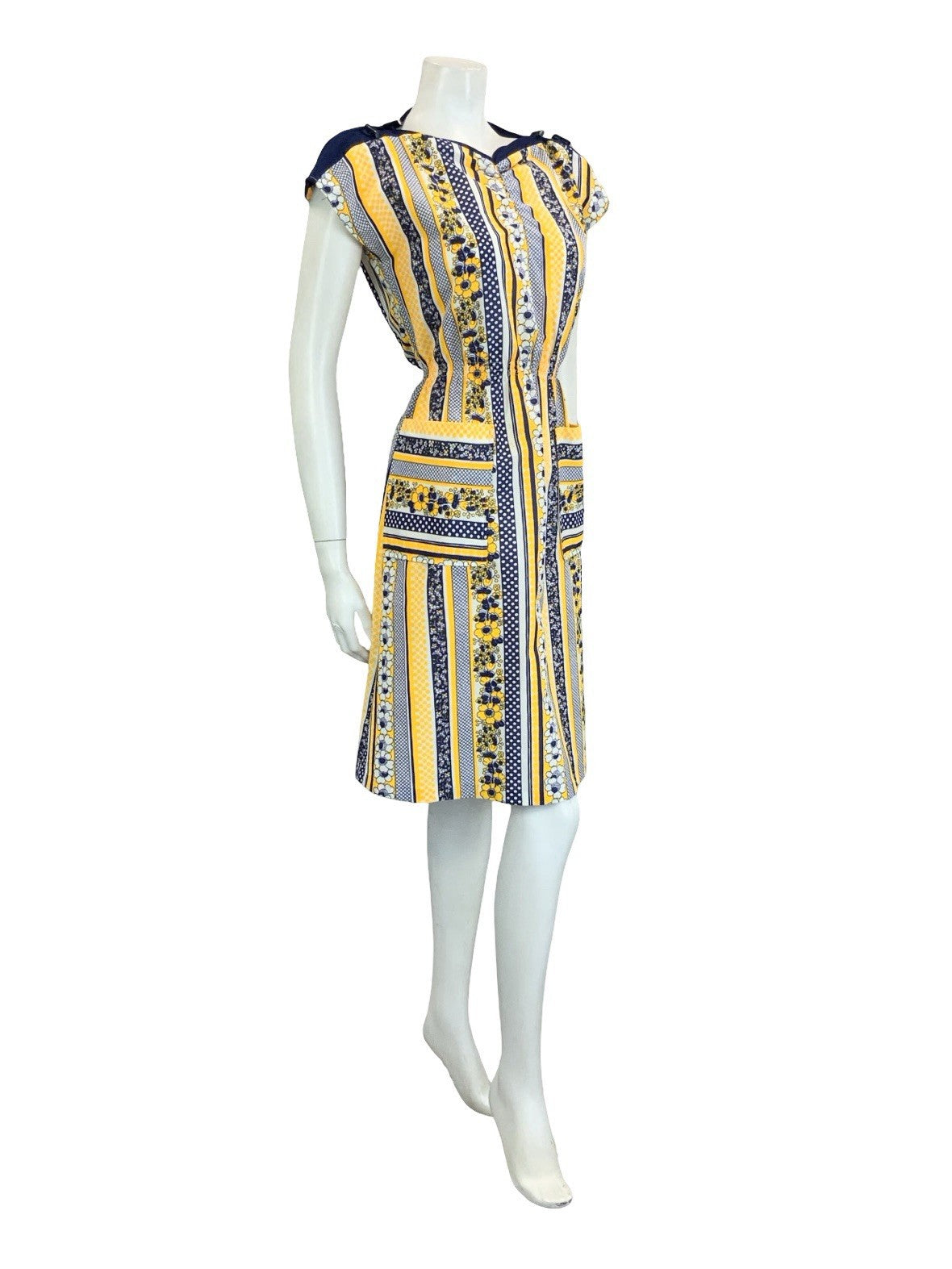 VTG 60S 70S YELLOW BLUE WHITE GEOMETRIC STRIPE FLORAL TOGGLE POCKET DRESS 10
