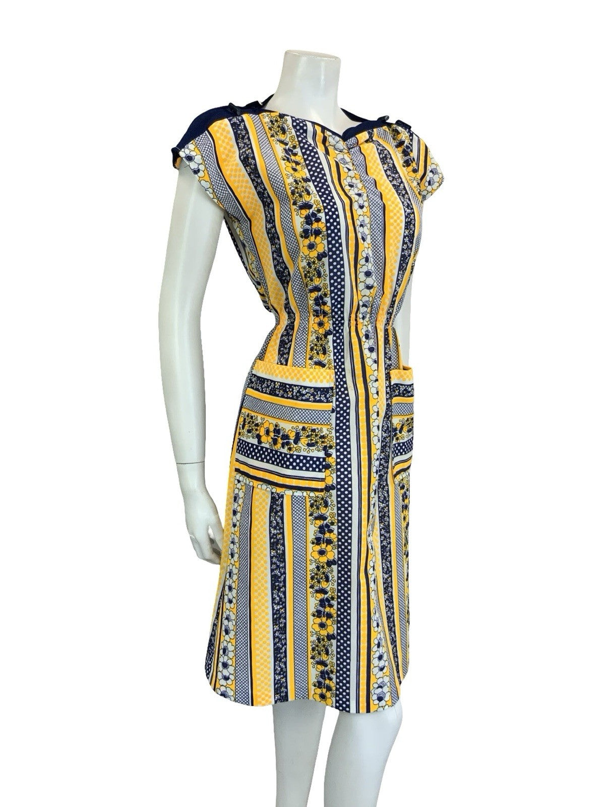 VTG 60S 70S YELLOW BLUE WHITE GEOMETRIC STRIPE FLORAL TOGGLE POCKET DRESS 10