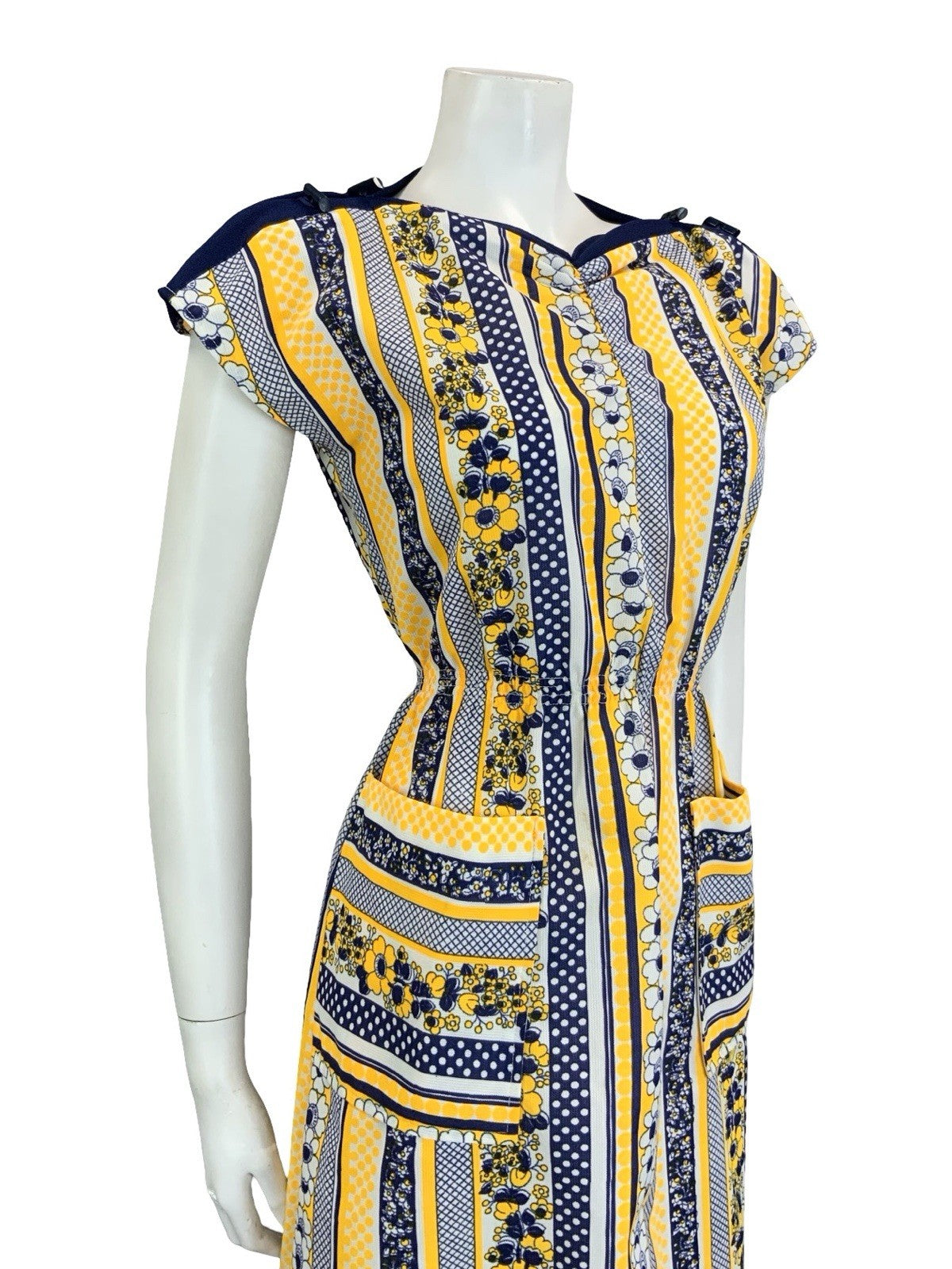 VTG 60S 70S YELLOW BLUE WHITE GEOMETRIC STRIPE FLORAL TOGGLE POCKET DRESS 10