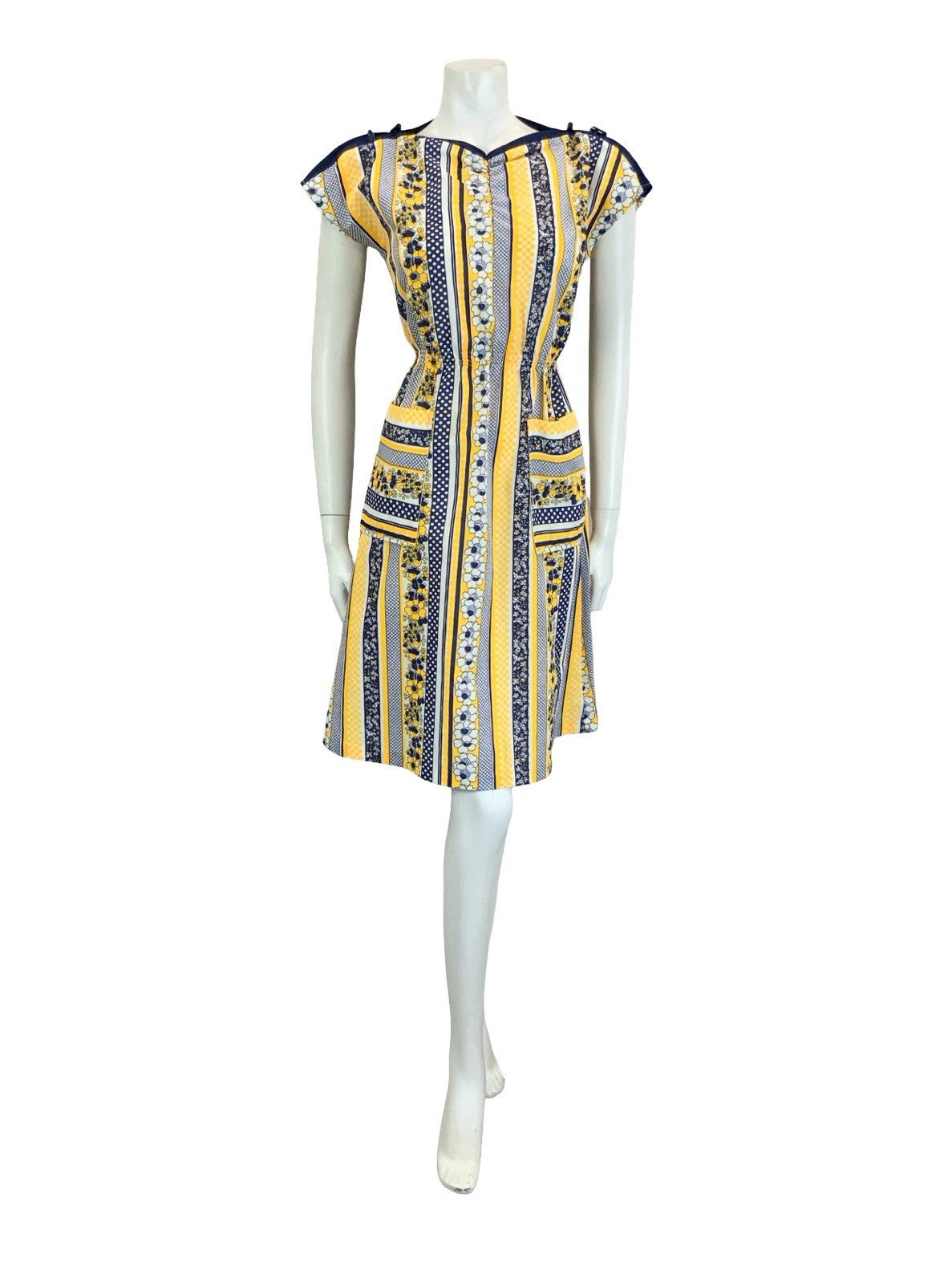 VTG 60S 70S YELLOW BLUE WHITE GEOMETRIC STRIPE FLORAL TOGGLE POCKET DRESS 10