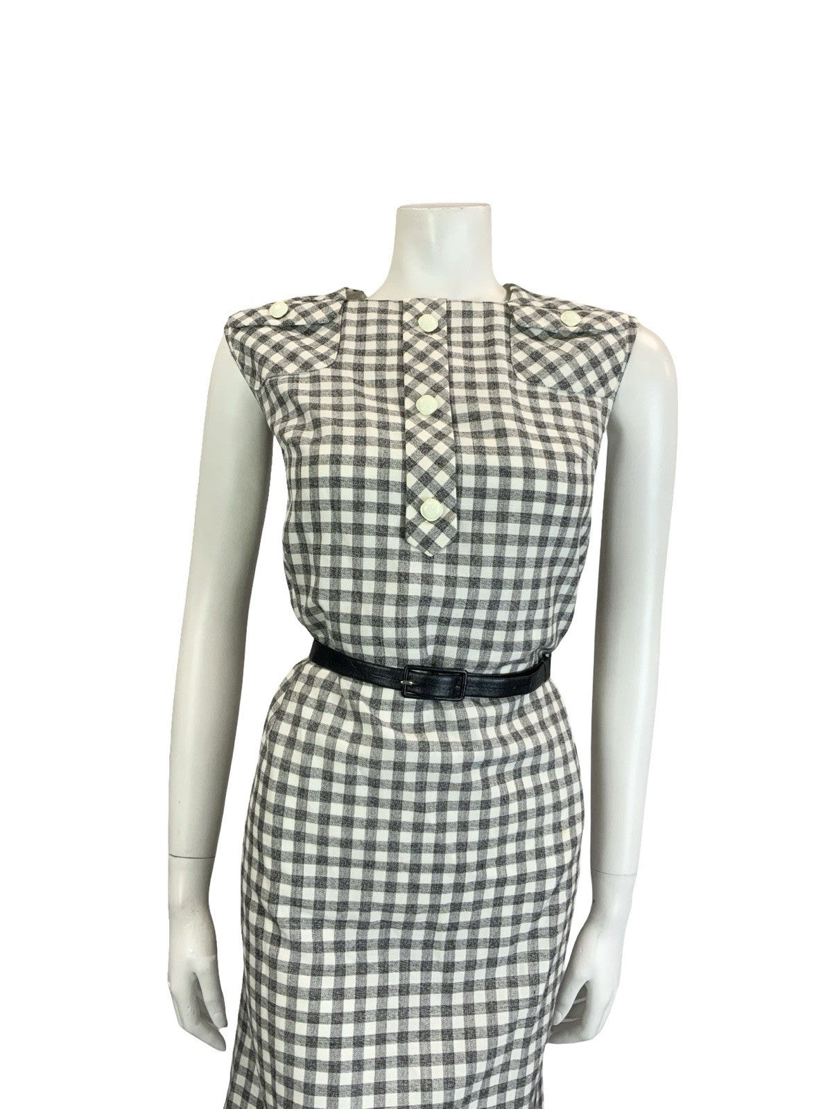 VTG 60S 70S GREY WHITE BLACK SECRETARY GINGHAM BELTED MOD SHIFT DRESS 10