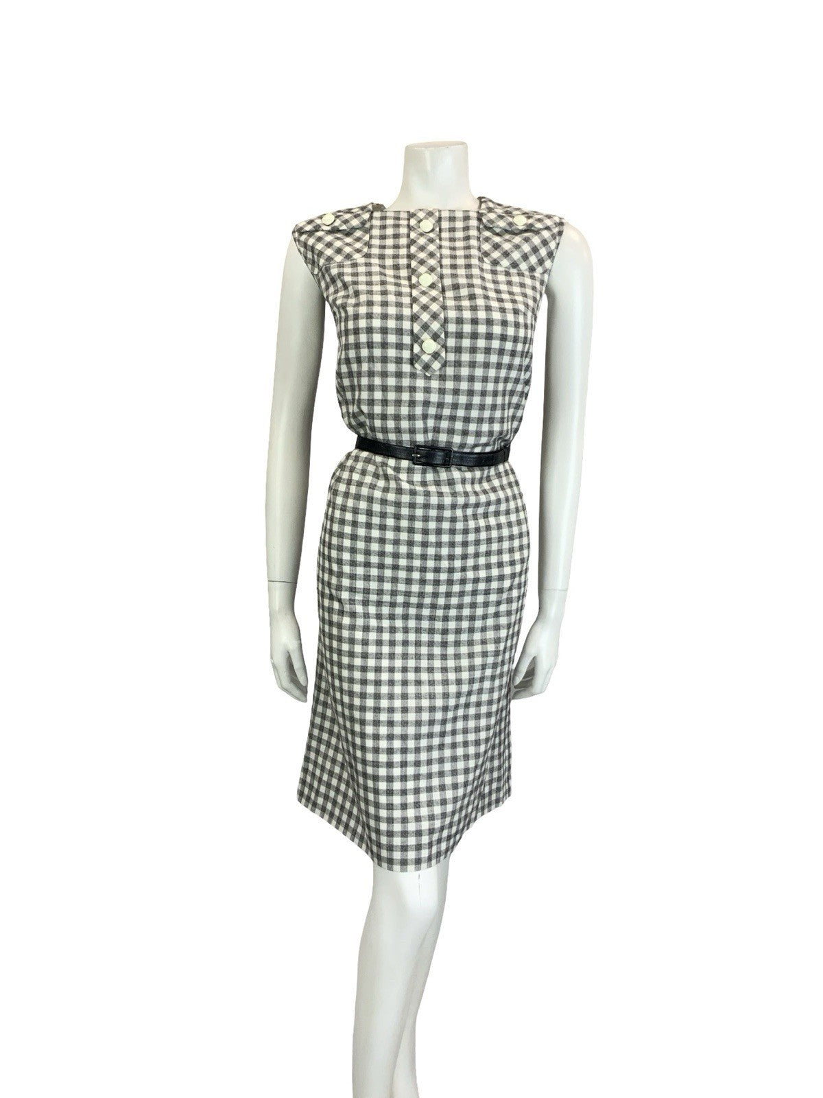 VTG 60S 70S GREY WHITE BLACK SECRETARY GINGHAM BELTED MOD SHIFT DRESS 10