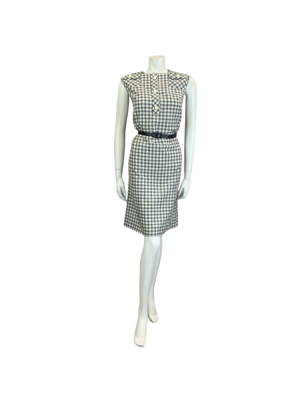 VTG 60S 70S GREY WHITE BLACK SECRETARY GINGHAM BELTED MOD SHIFT DRESS 10