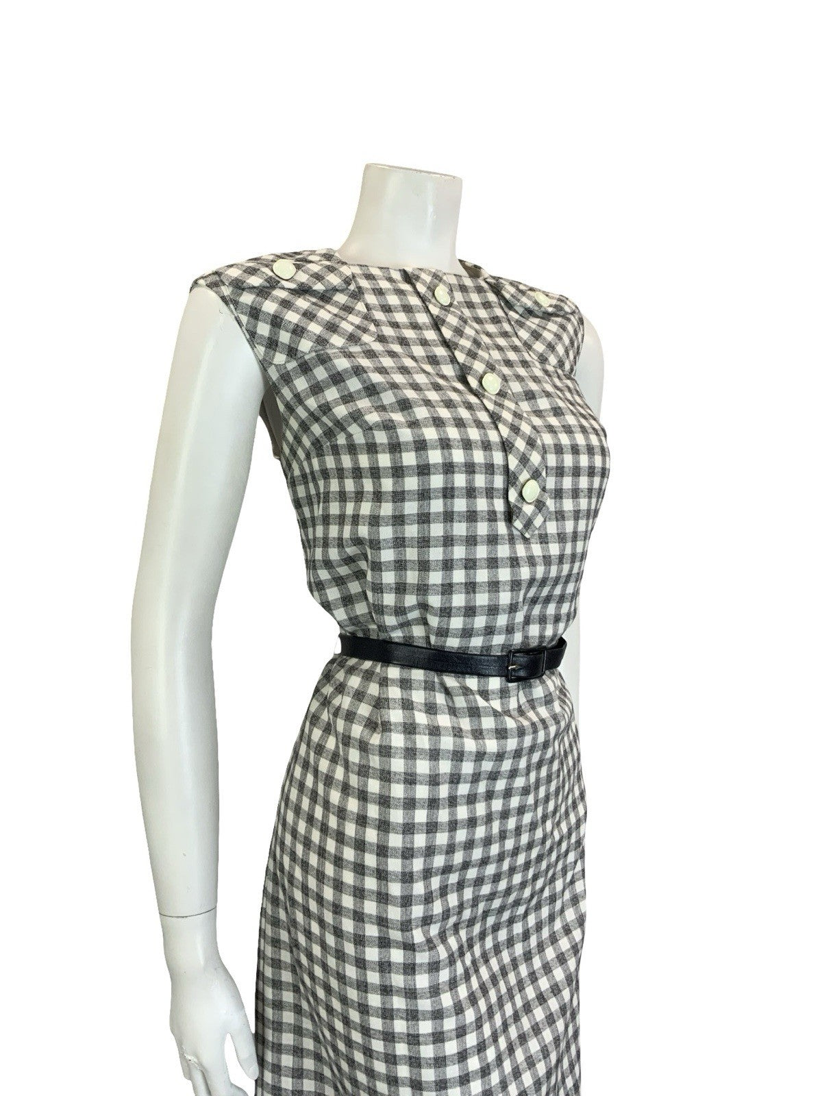 VTG 60S 70S GREY WHITE BLACK SECRETARY GINGHAM BELTED MOD SHIFT DRESS 10
